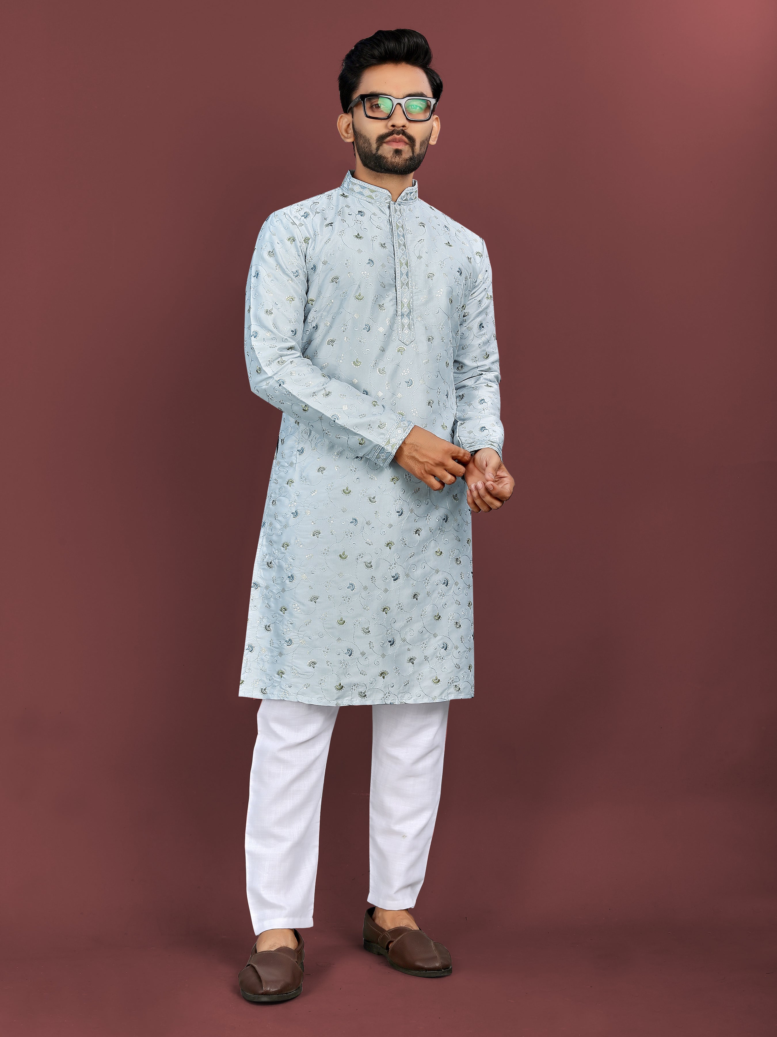Men’s Multi-Colour Embroidery Kurta Sky Blue
