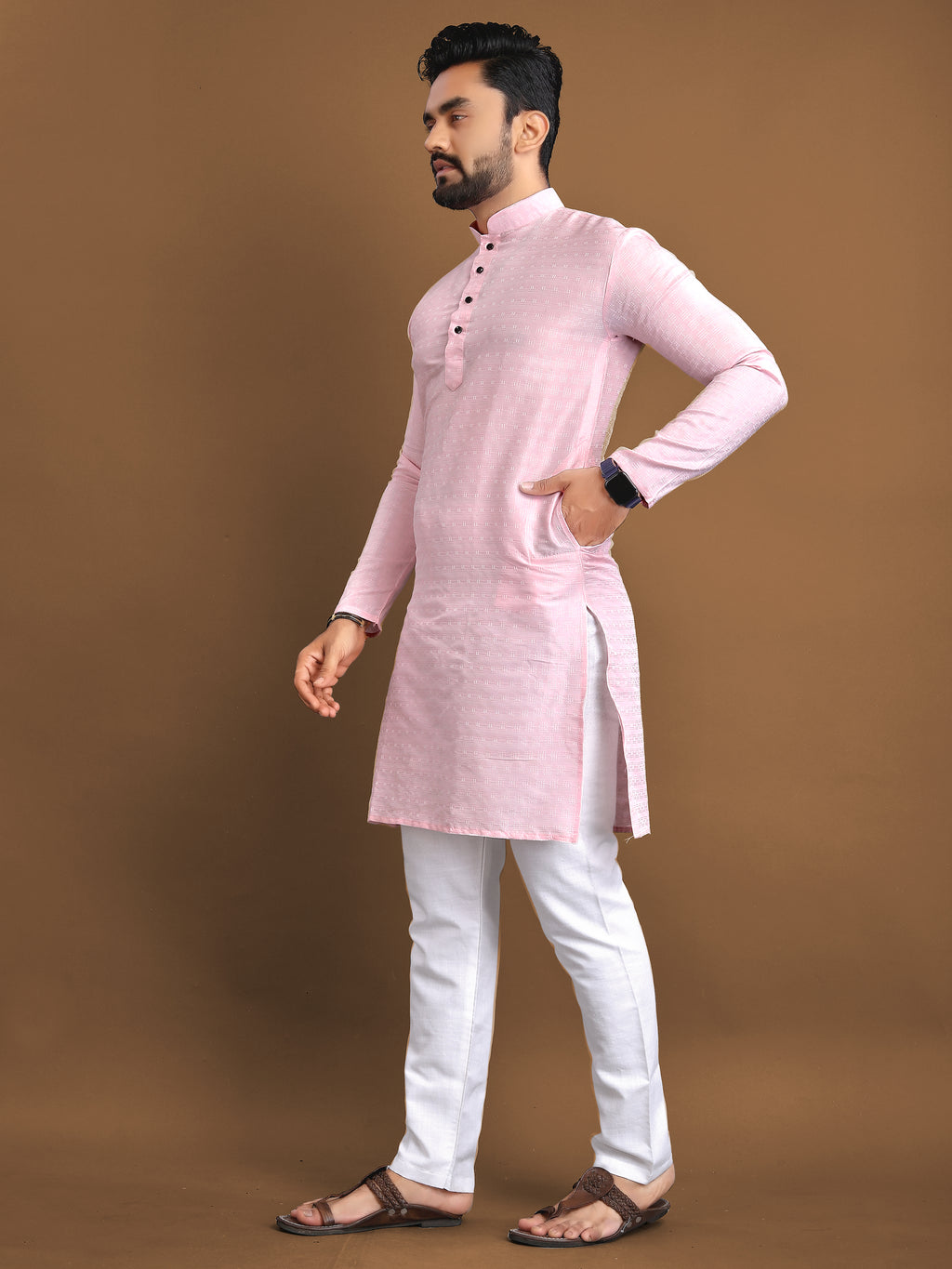 Men’s Jacquard Kurta with Self-Buti Baby Pink