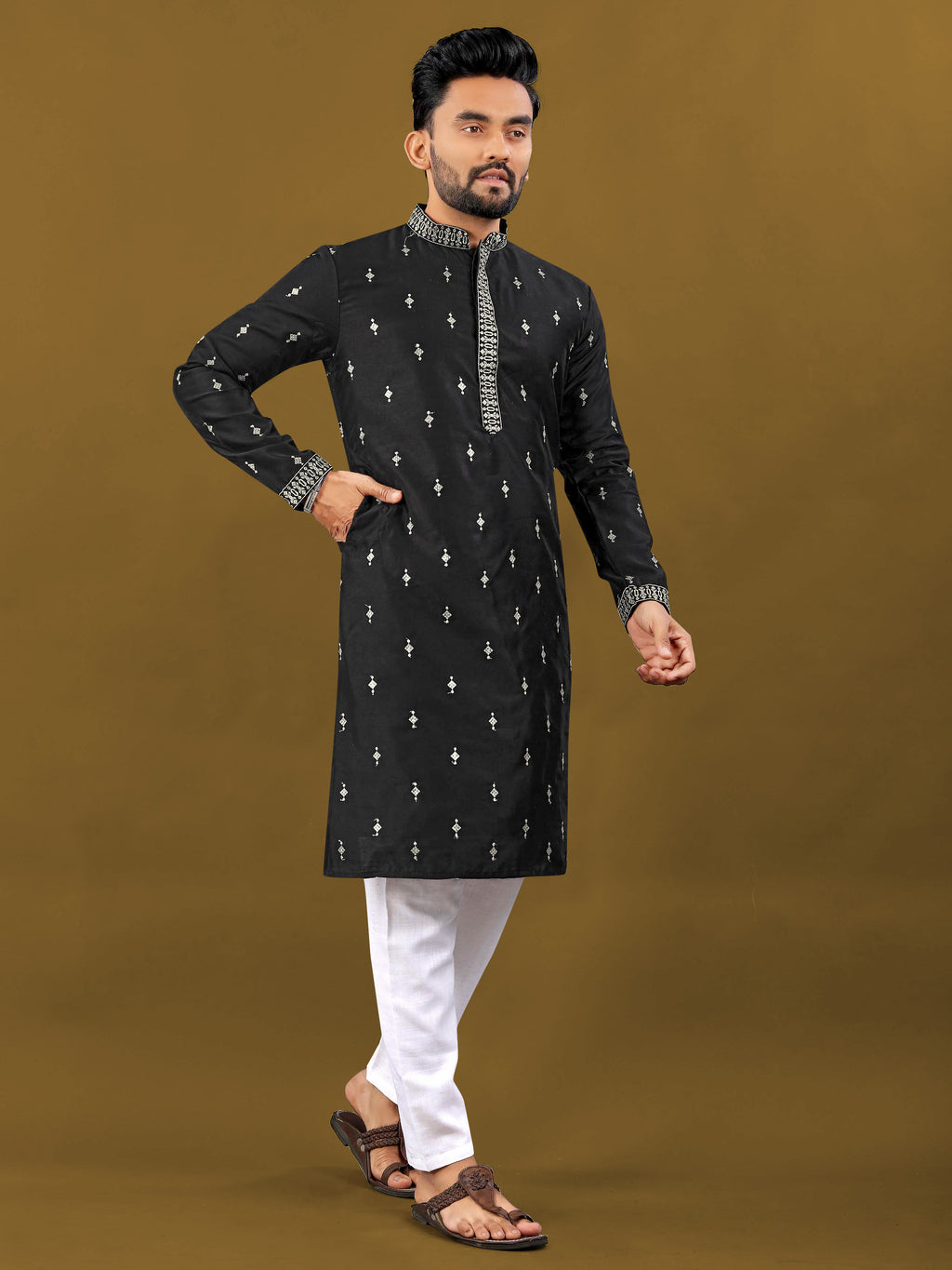 Men's Matka Silk Kurta Silver Jari Work Black