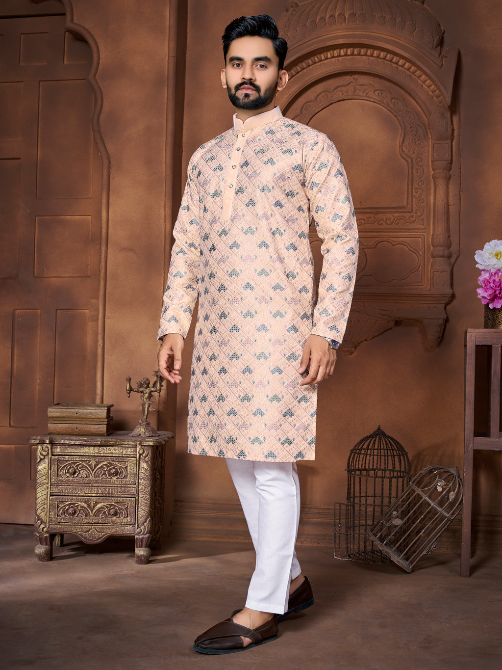 Men's Italian Silk  embroidered Kurta Dusty Pink