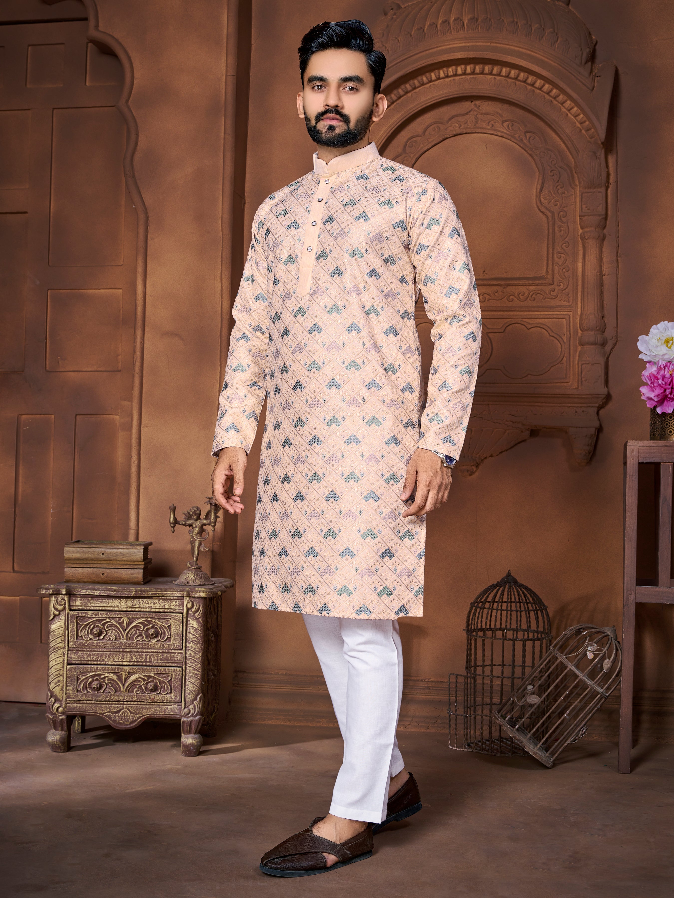 Men's Italian Silk  embroidered Kurta Dusty Pink