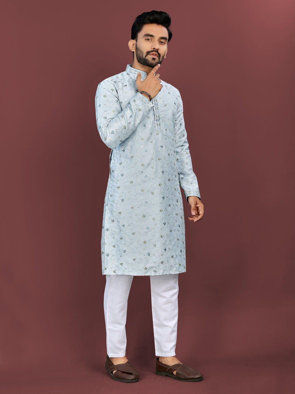 Men’s Multi-Colour Embroidery Kurta Sky Blue