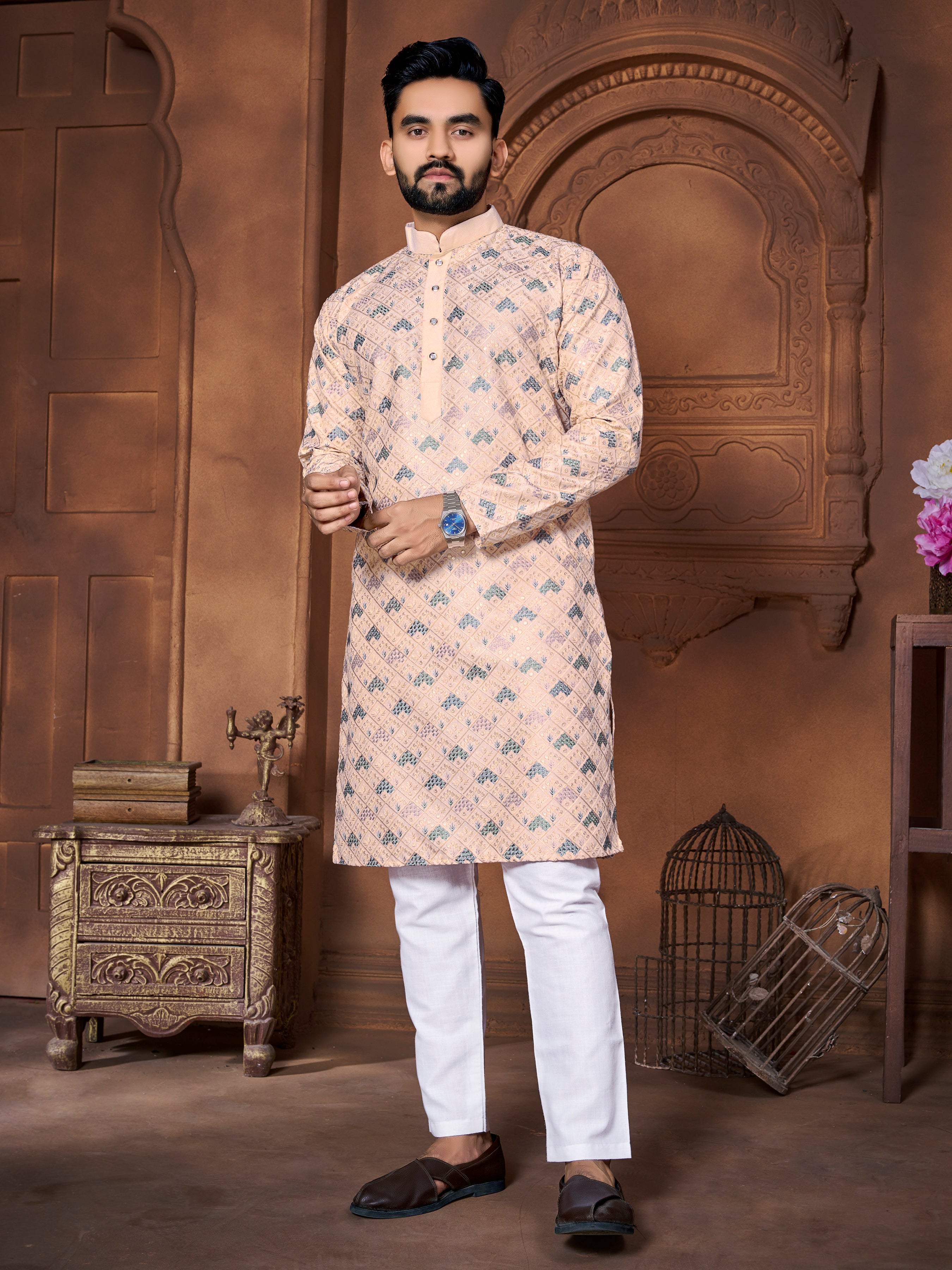 Men's Italian Silk  embroidered Kurta Dusty Pink