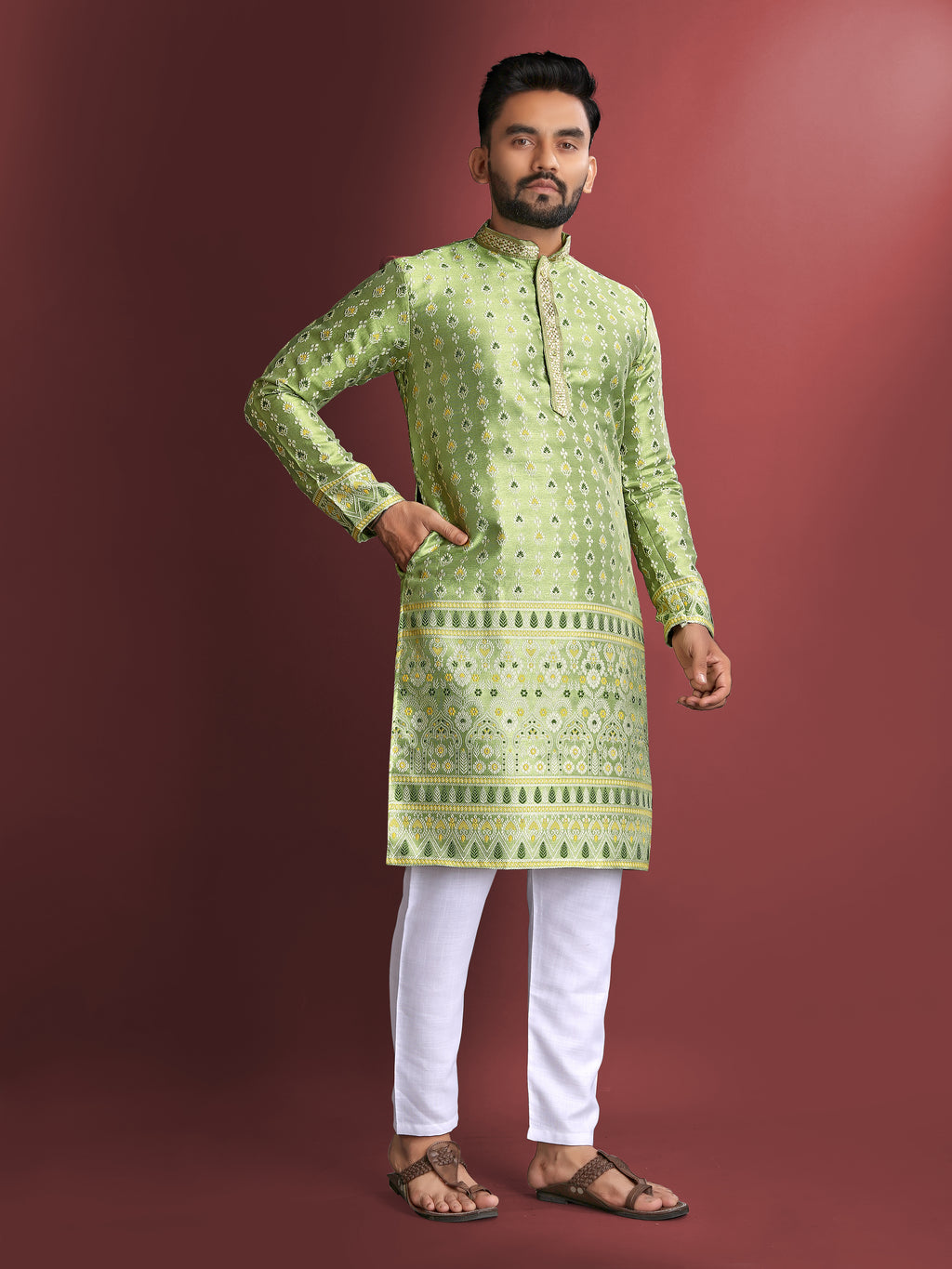 Men’s Silk Kurta with Amboj Work & Daman Border Perrot Green