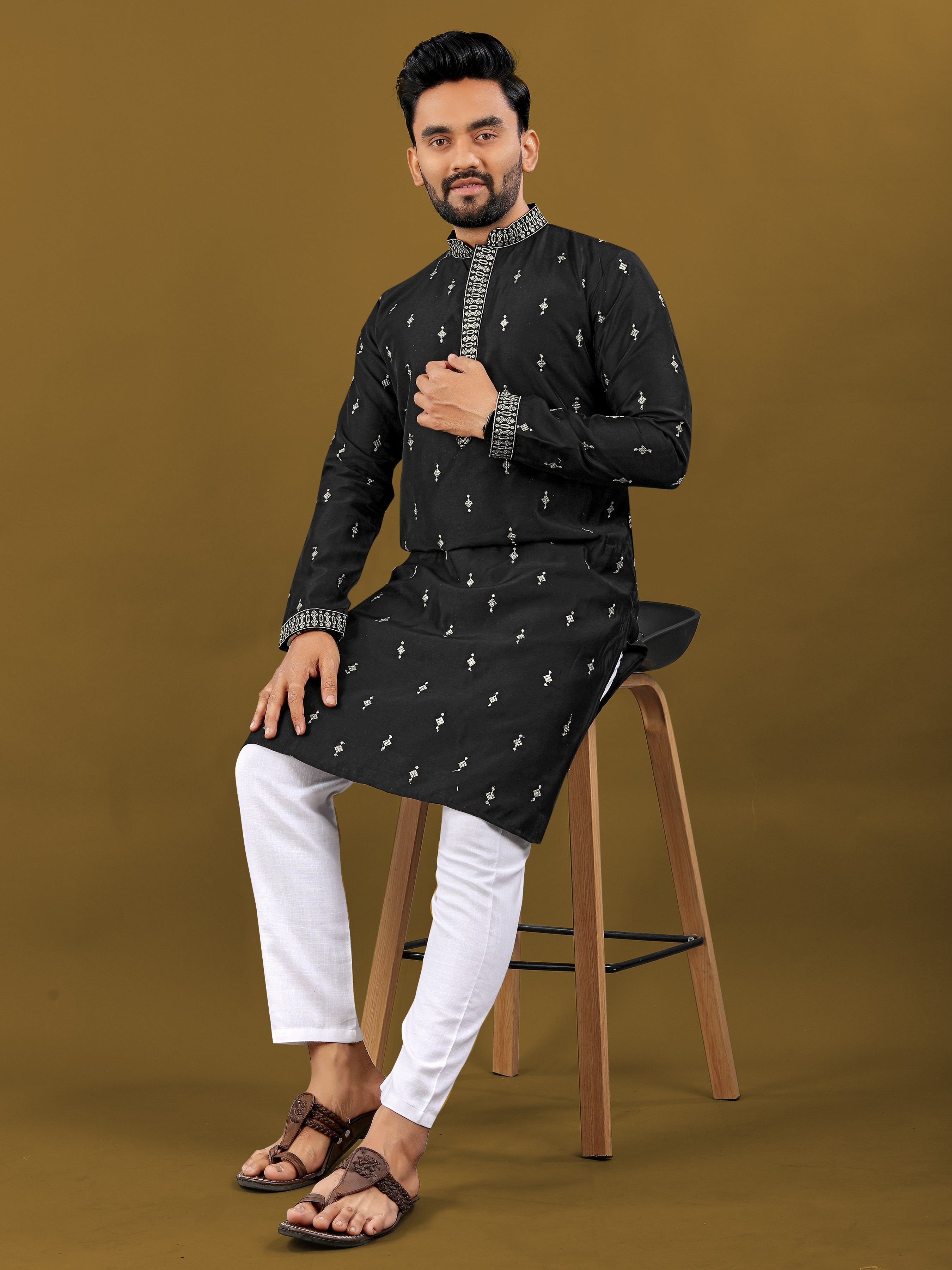 Men's Matka Silk Kurta Silver Jari Work Black
