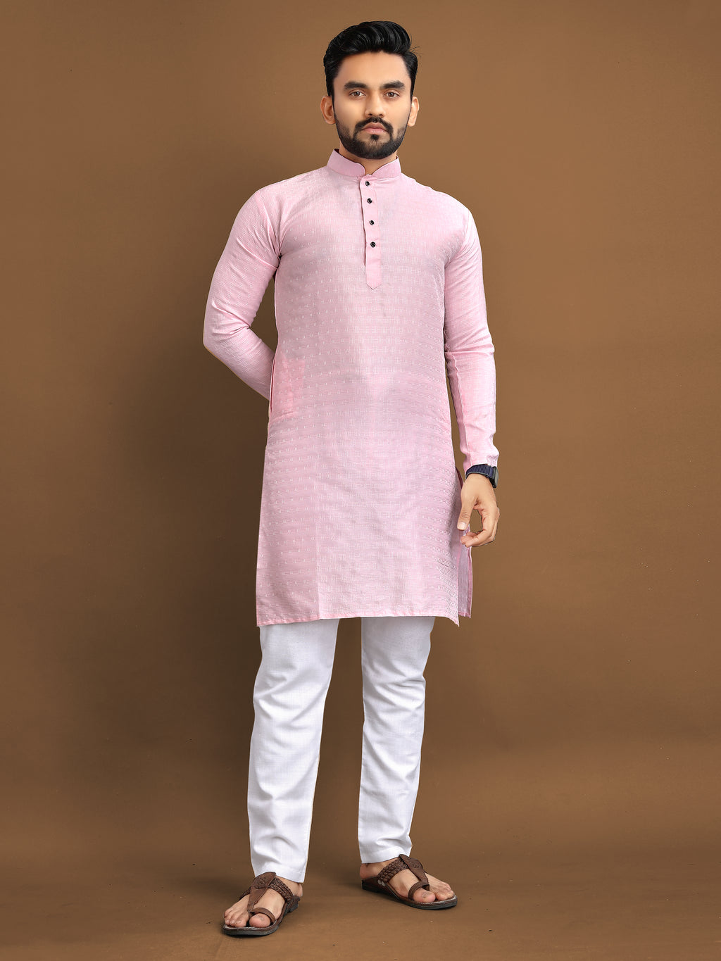 Men’s Jacquard Kurta with Self-Buti Baby Pink