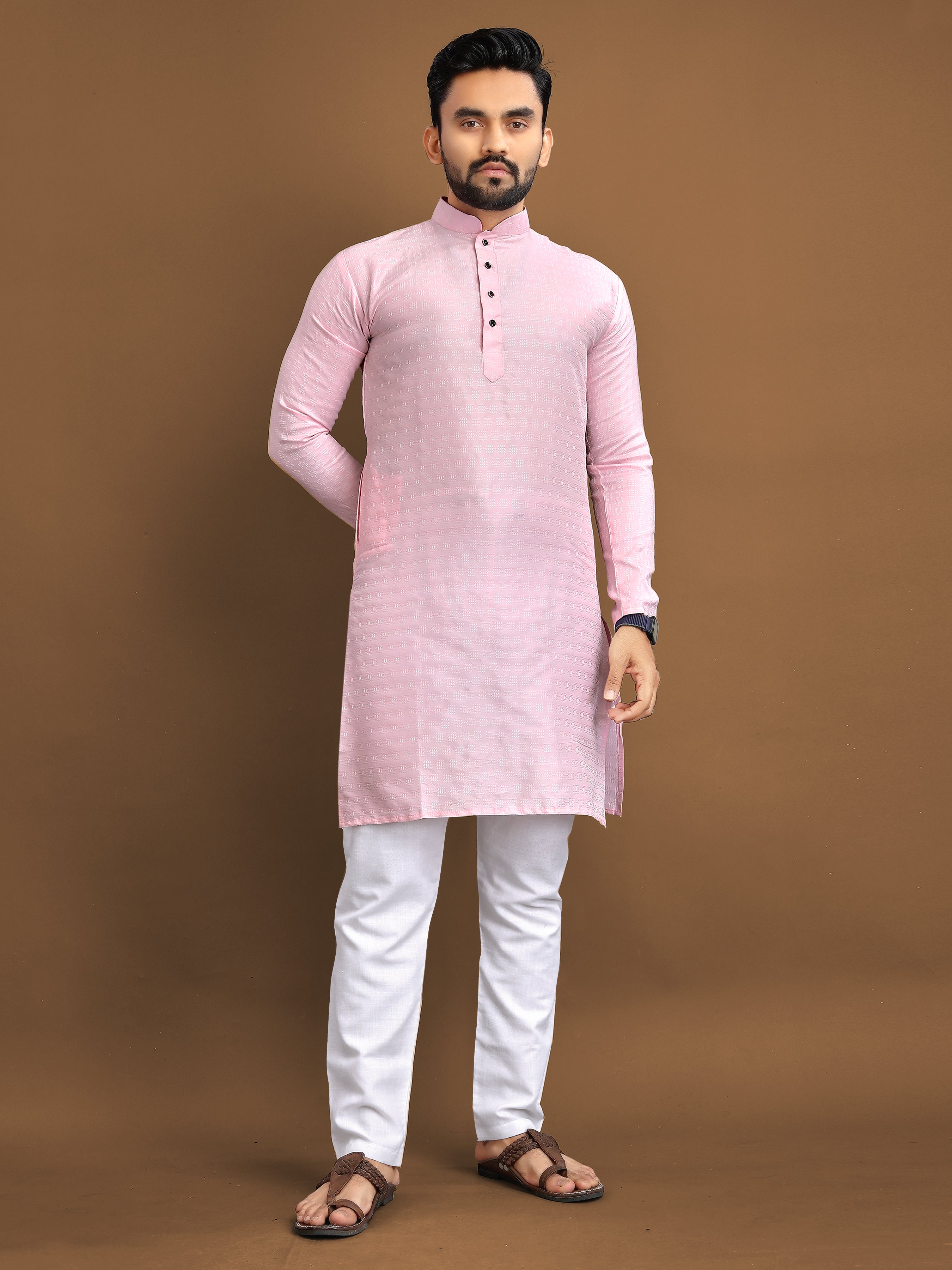 Men’s Jacquard Kurta with Self-Buti Baby Pink