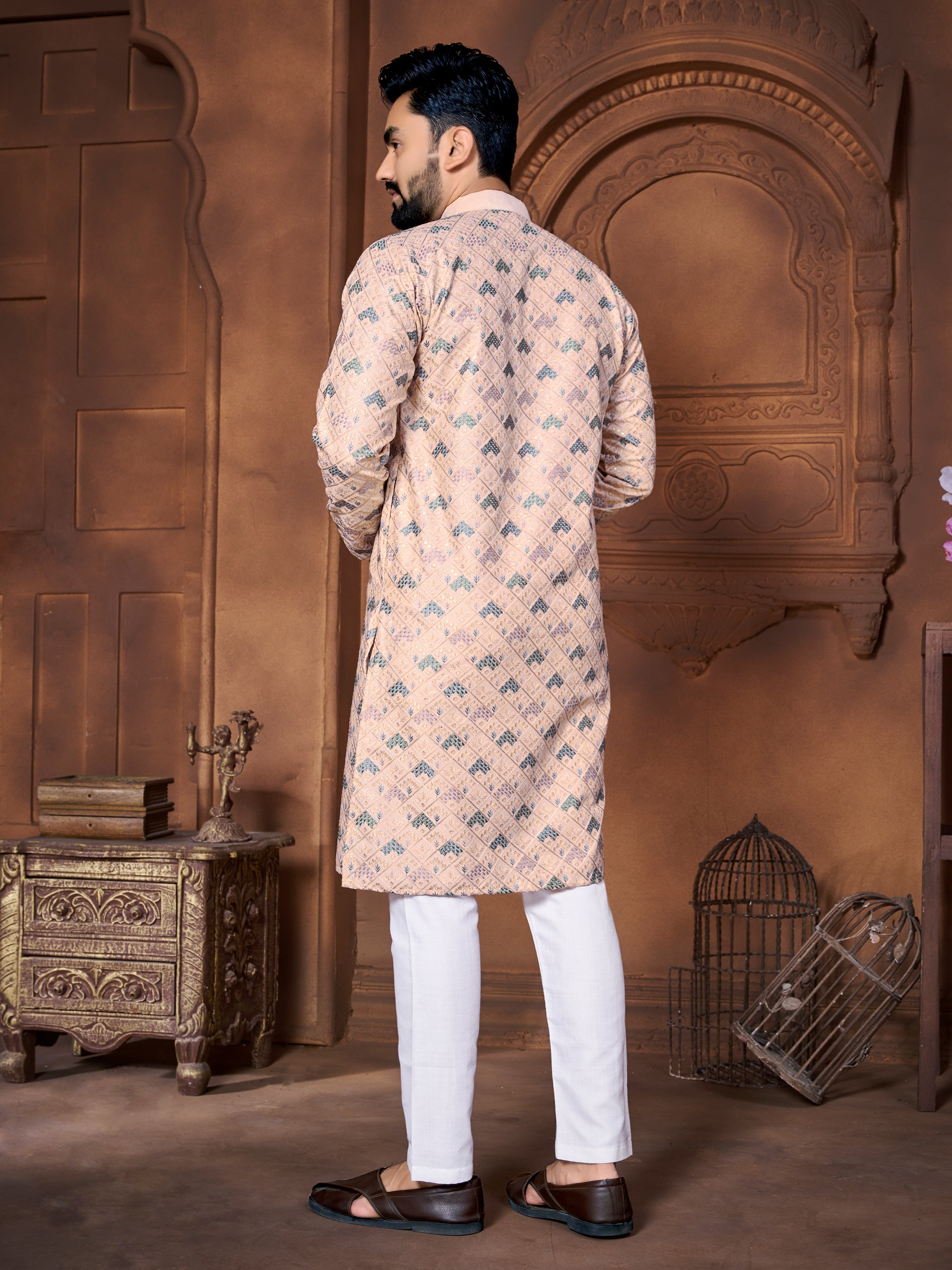 Men's Italian Silk  embroidered Kurta Dusty Pink