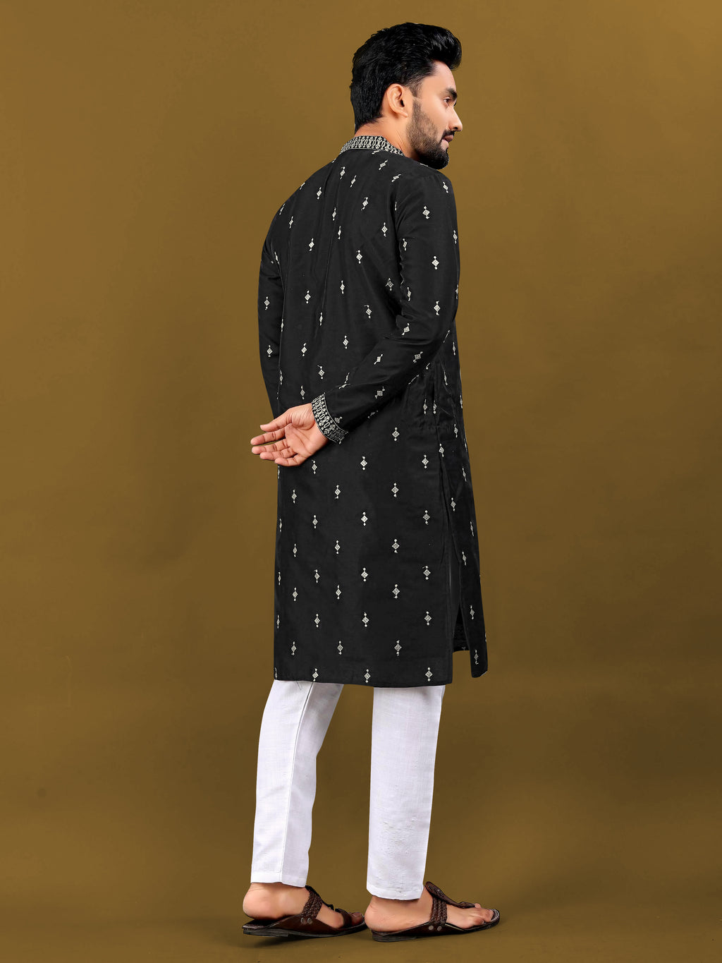 Men's Matka Silk Kurta Silver Jari Work Black