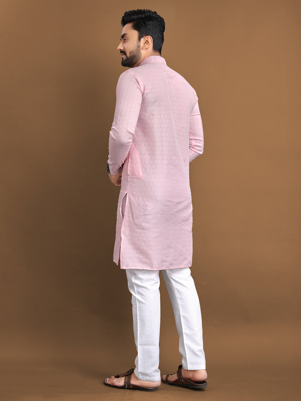 Men’s Jacquard Kurta with Self-Buti Baby Pink