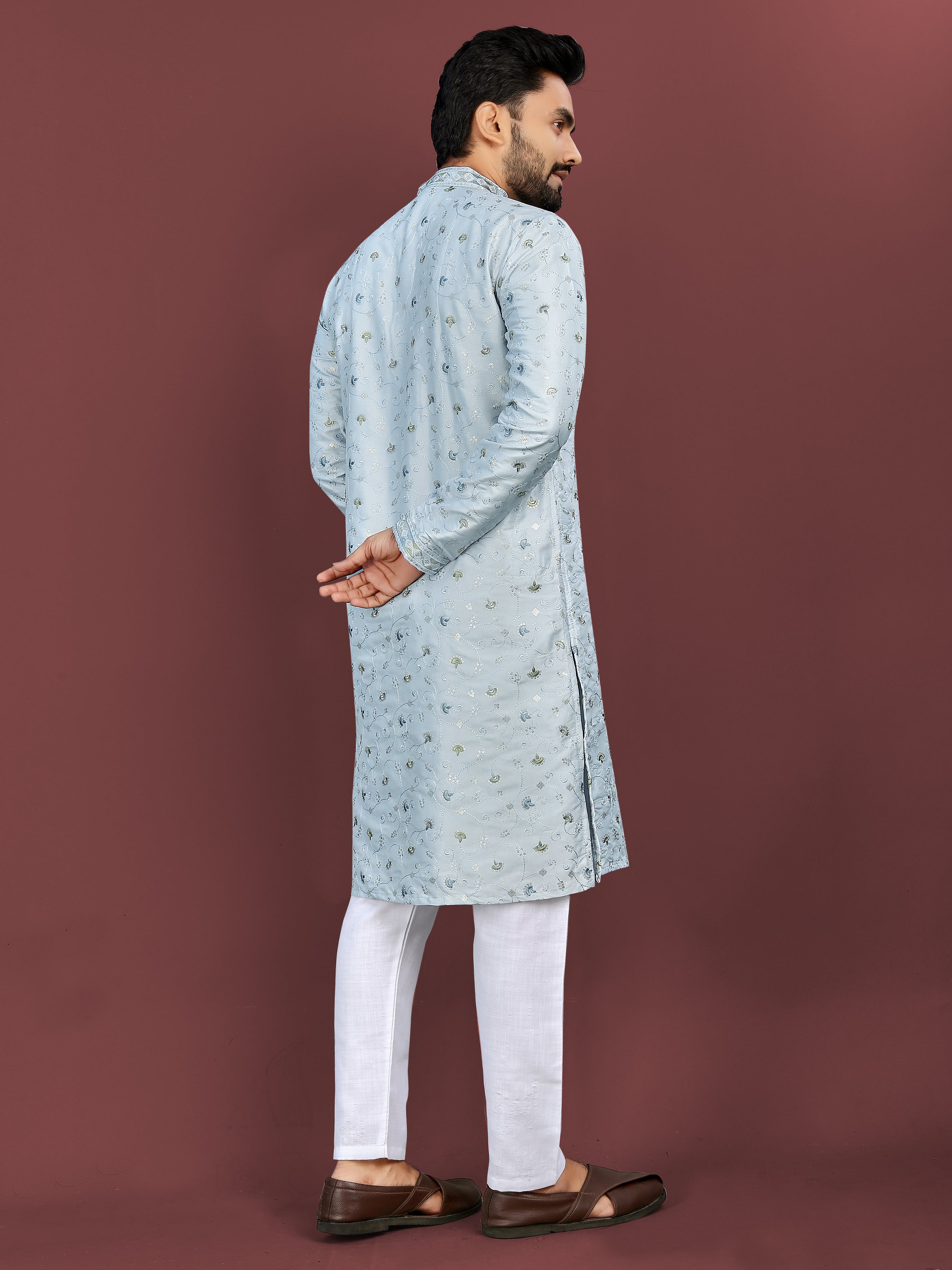 Men’s Multi-Colour Embroidery Kurta Sky Blue
