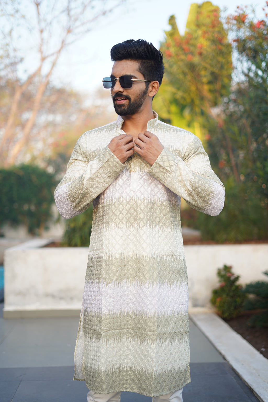 Men's Rainbow Print Cotton Kurta Light Green