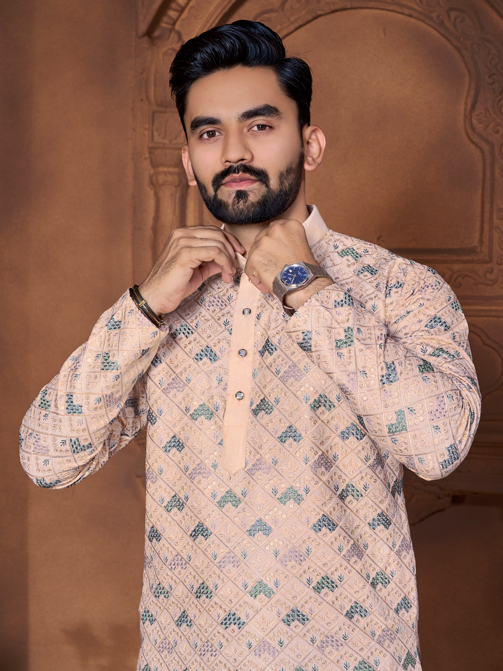 Men's Italian Silk  embroidered Kurta Dusty Pink
