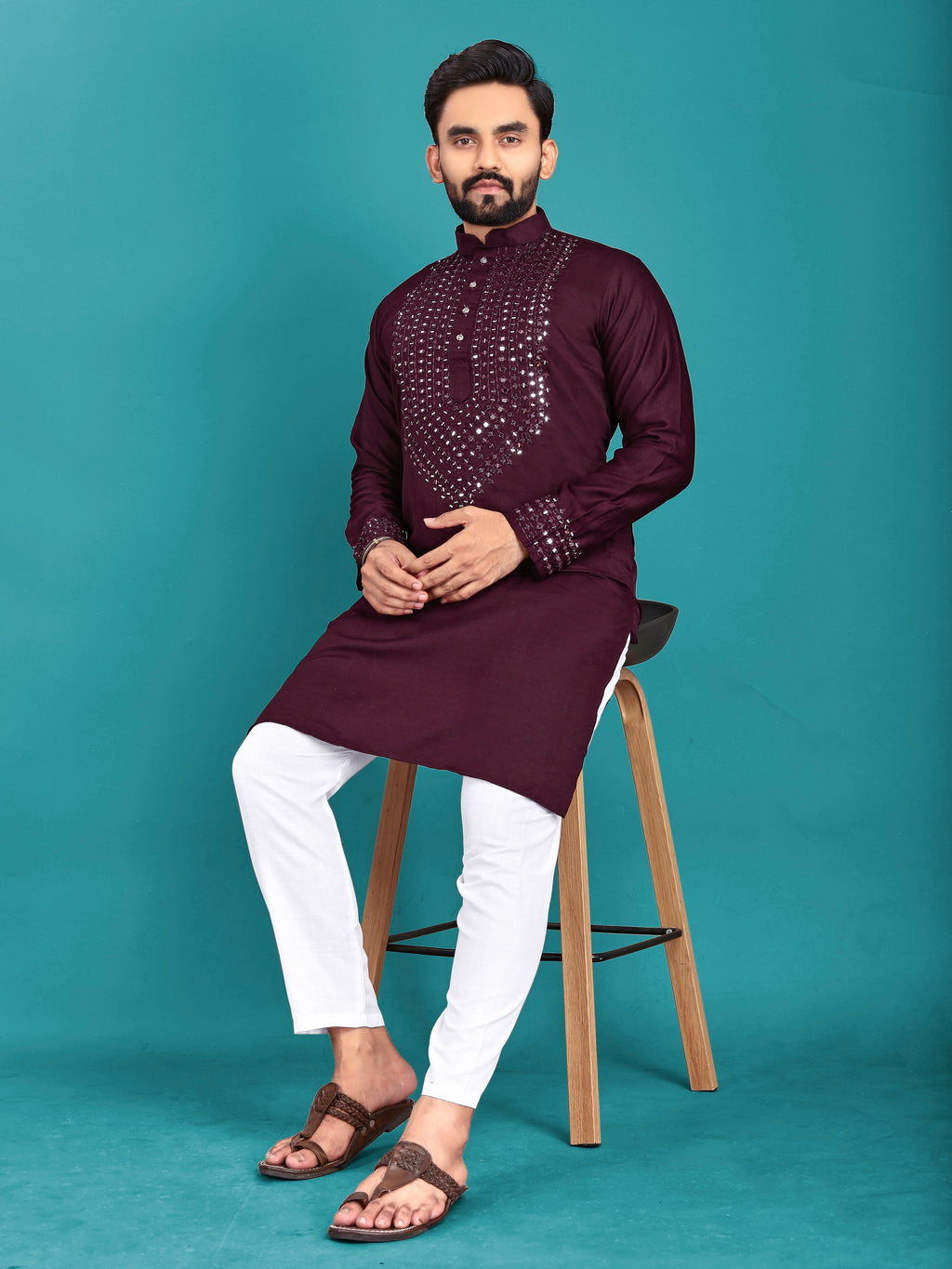 Kohinoor Kurta with Real Mirror Handwork Maroon