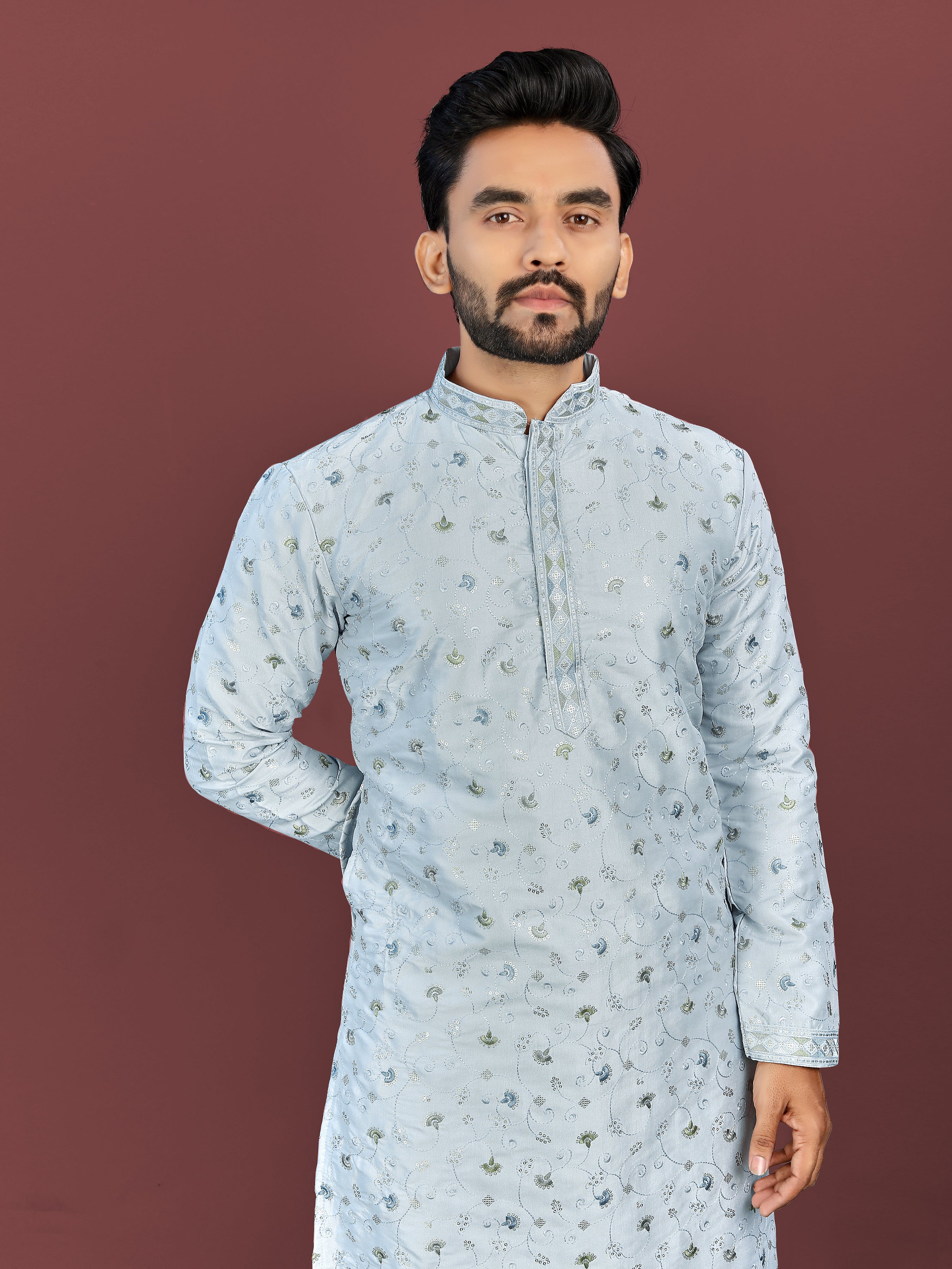 Men’s Multi-Colour Embroidery Kurta Sky Blue