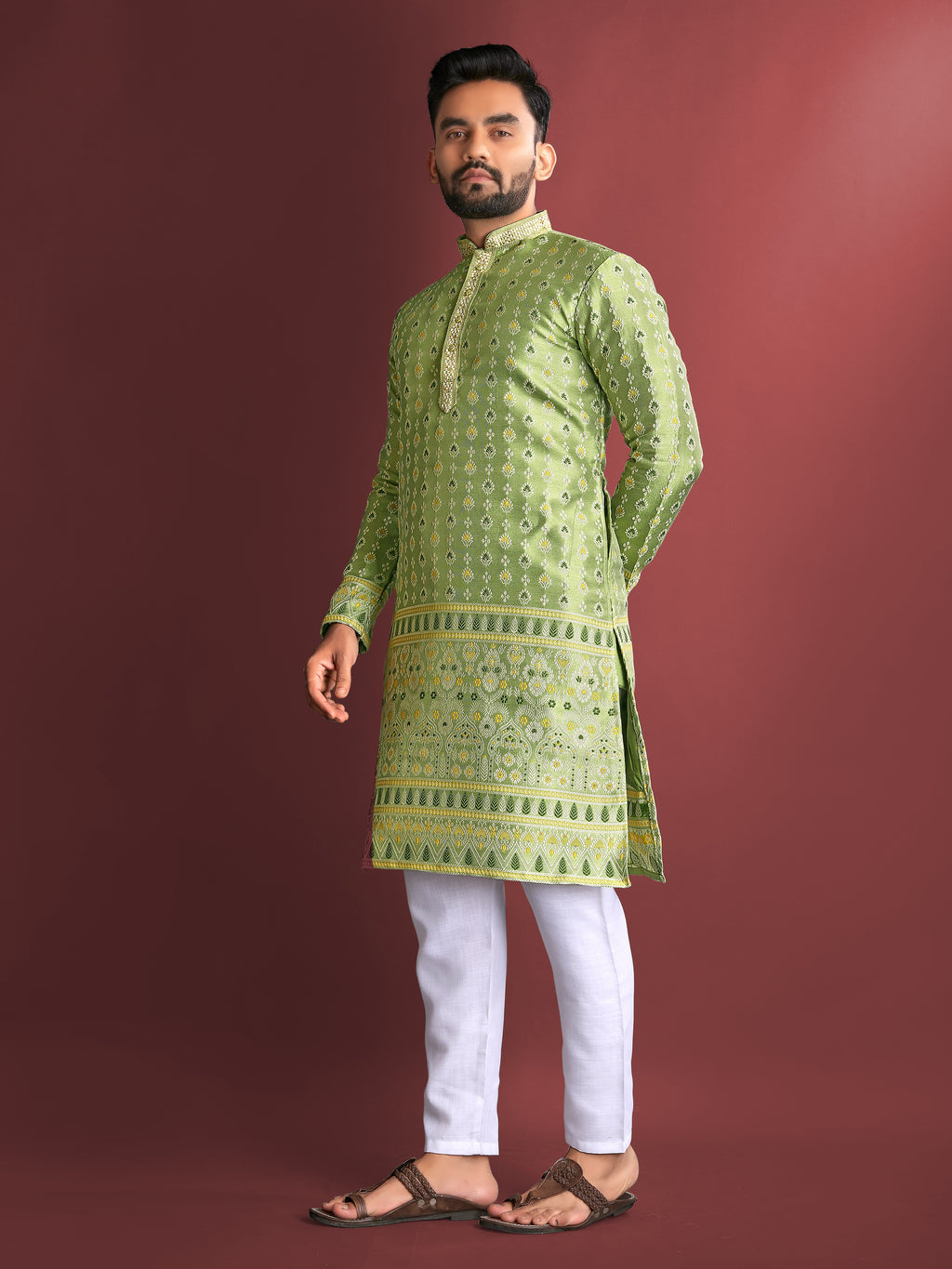 Men’s Silk Kurta with Amboj Work & Daman Border Perrot Green