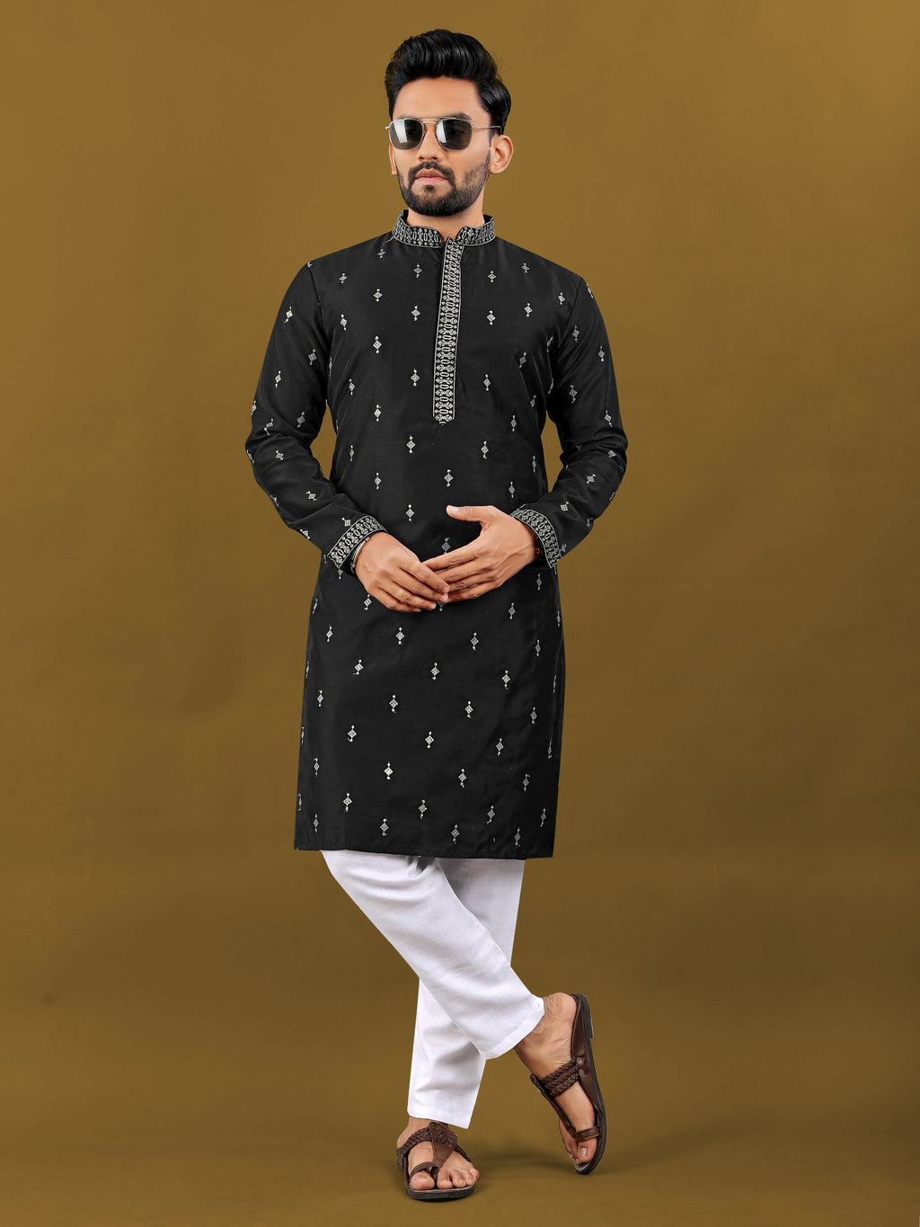 Men's Matka Silk Kurta Silver Jari Work Black
