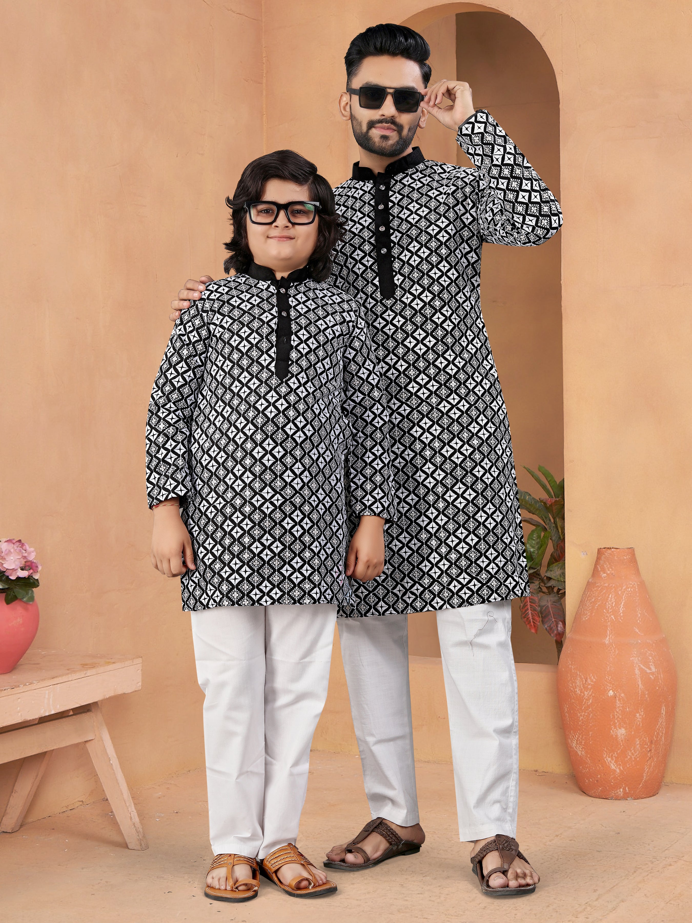 Father-Son Silk Kurta Set with Embroidery Black