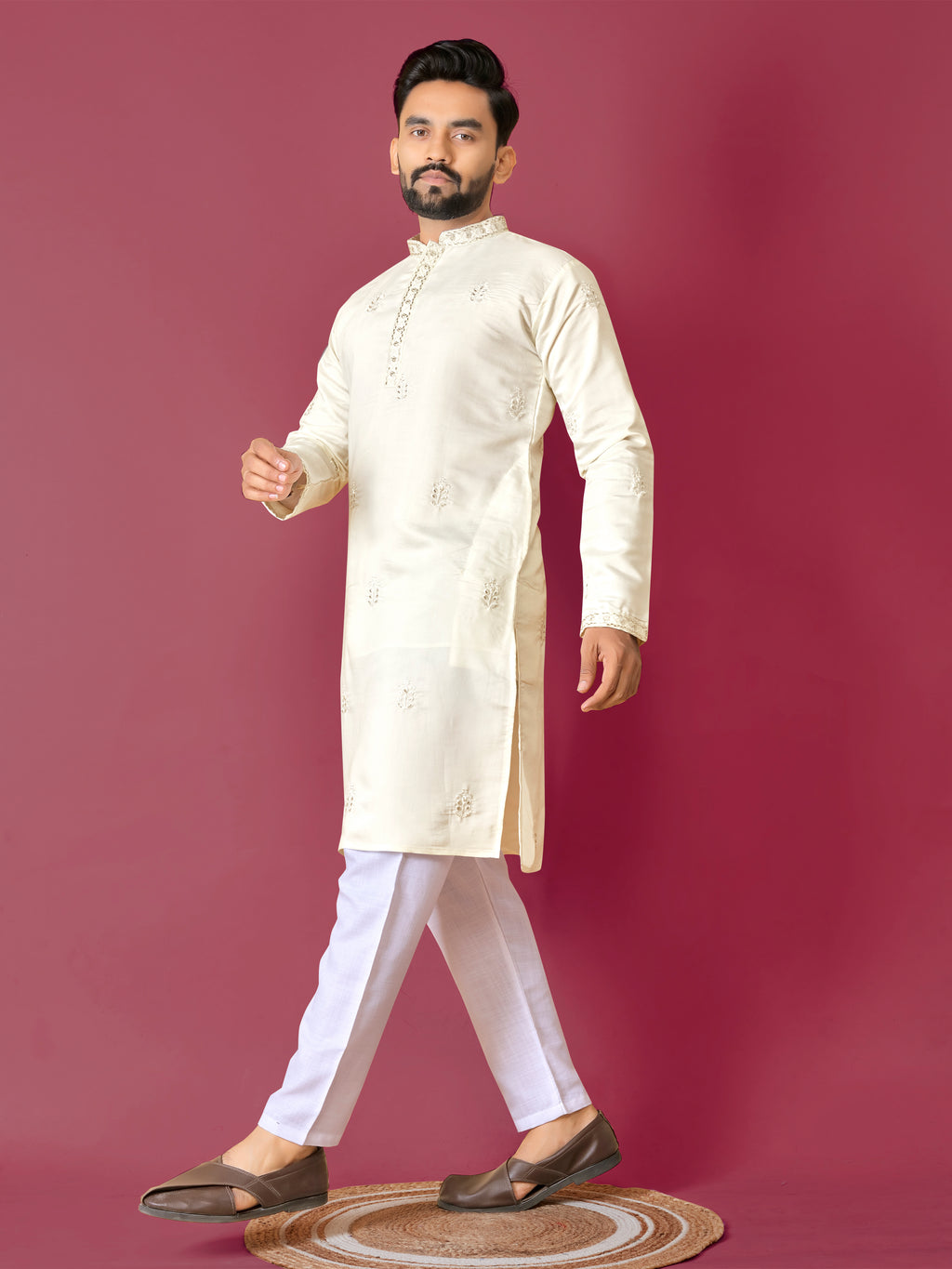 Men's Roman Silk Kurta With Hand Work Beige White
