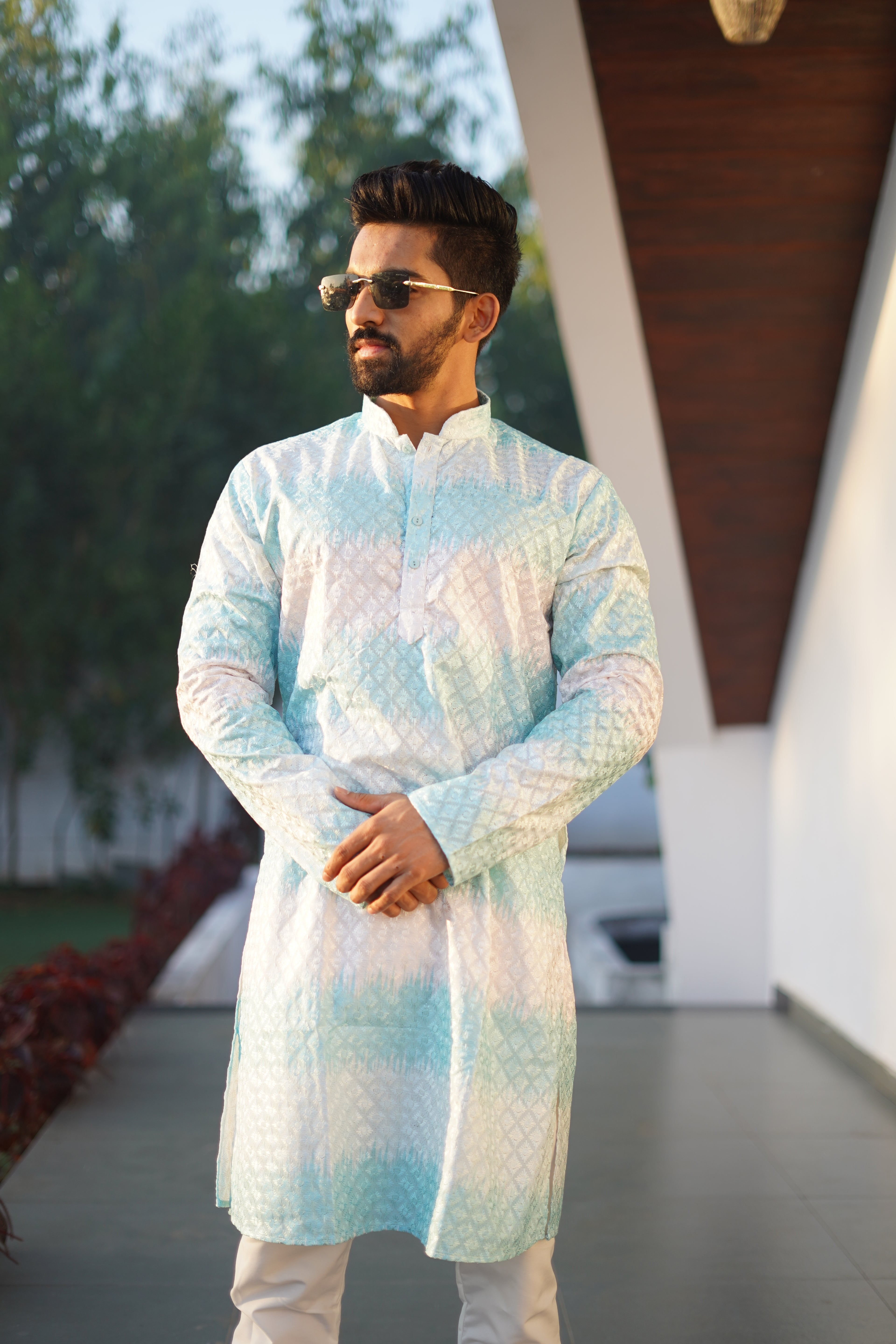 Men's Rainbow Print Cotton Kurta Sky Blue