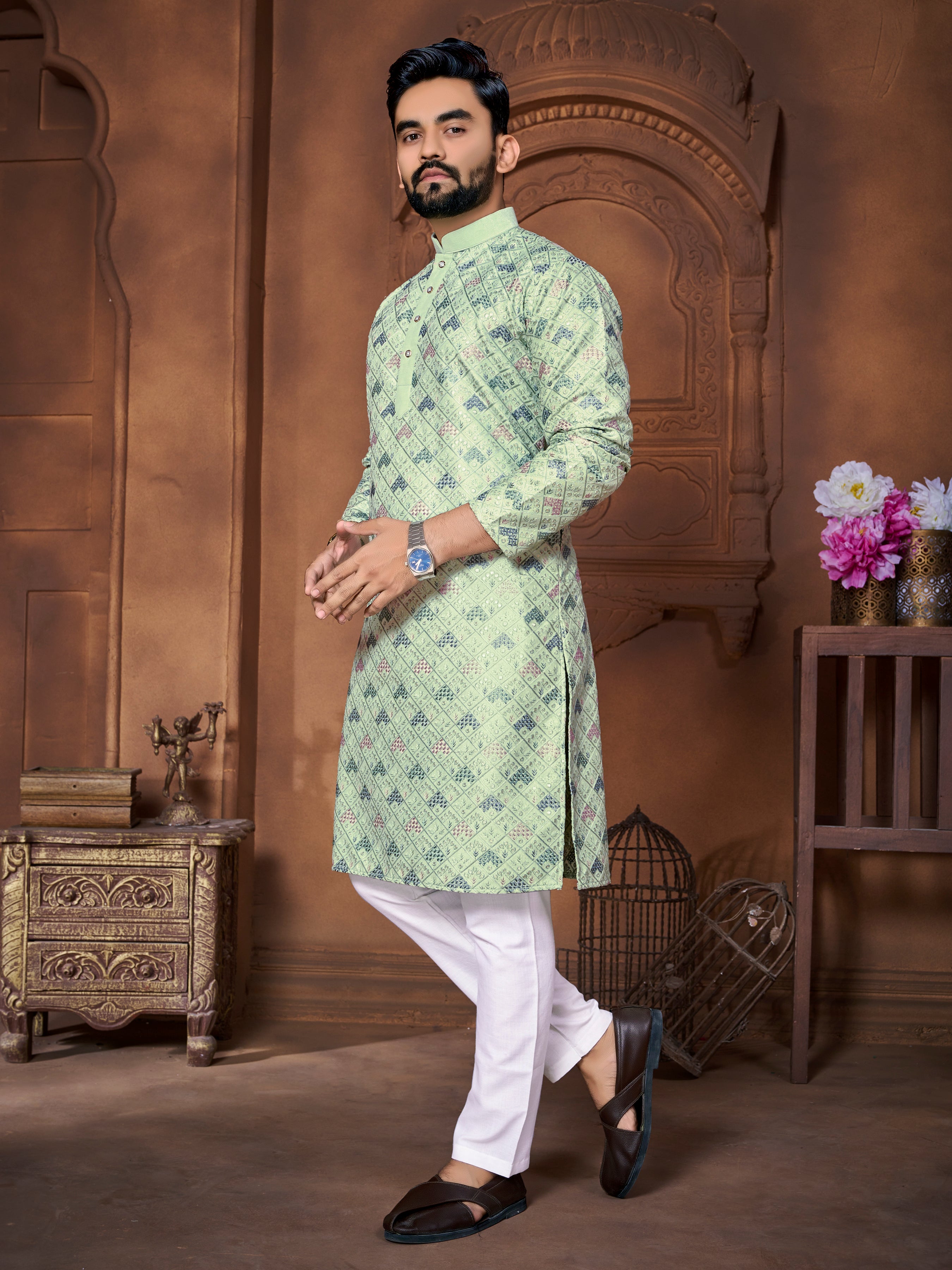 Men's Italian Silk  embroidered Kurta Mint Green