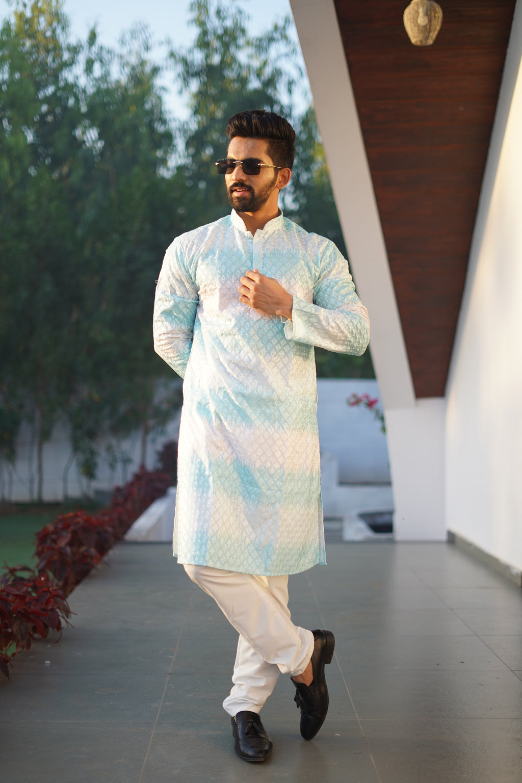 Men's Rainbow Print Cotton Kurta Sky Blue