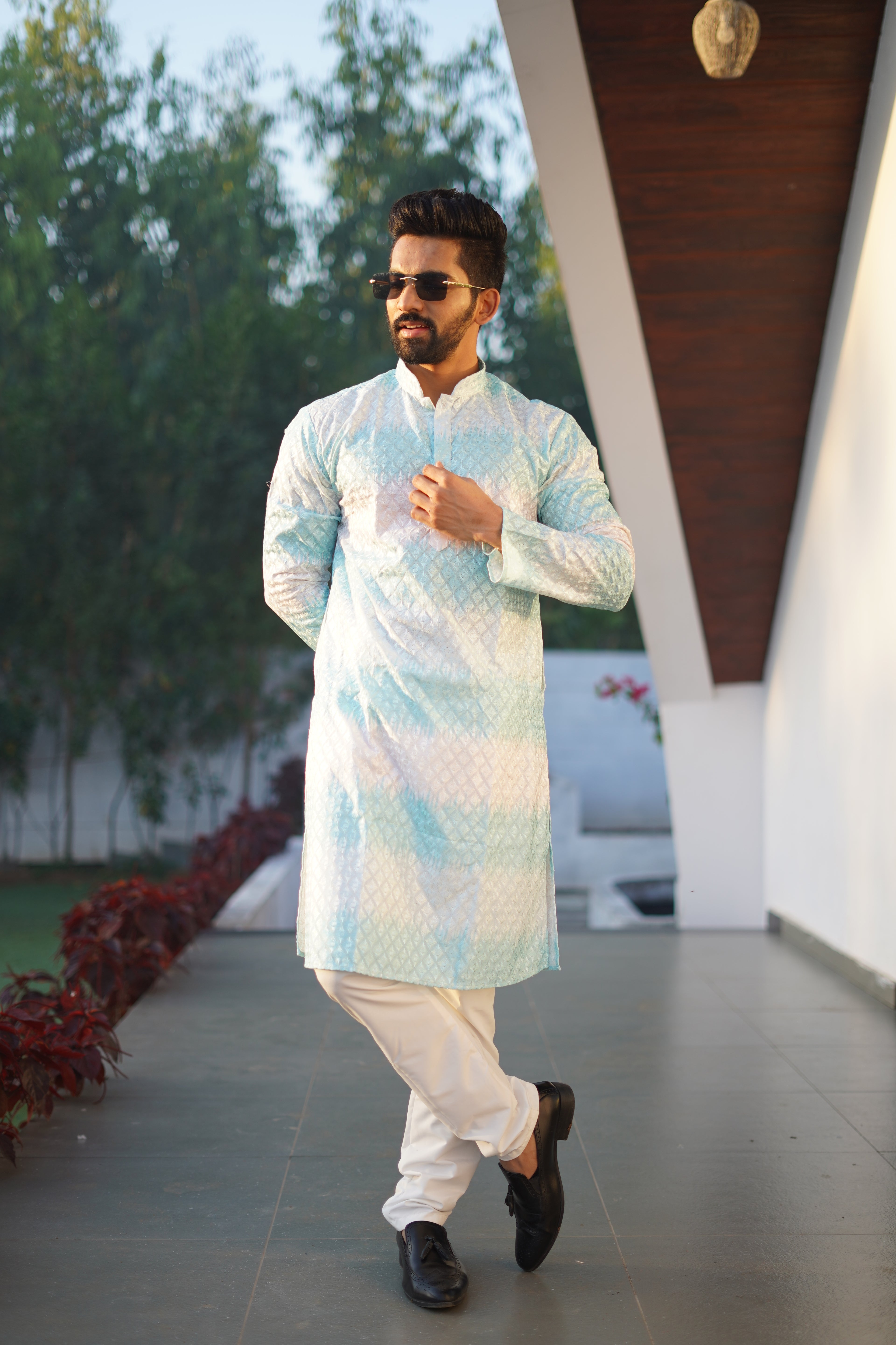 Men's Rainbow Print Cotton Kurta Sky Blue