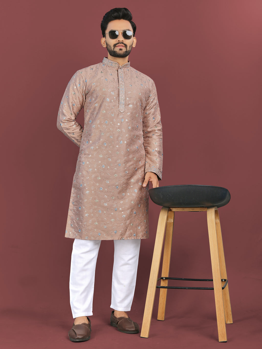 Men’s Multi-Colour Embroidery Beige Kurta