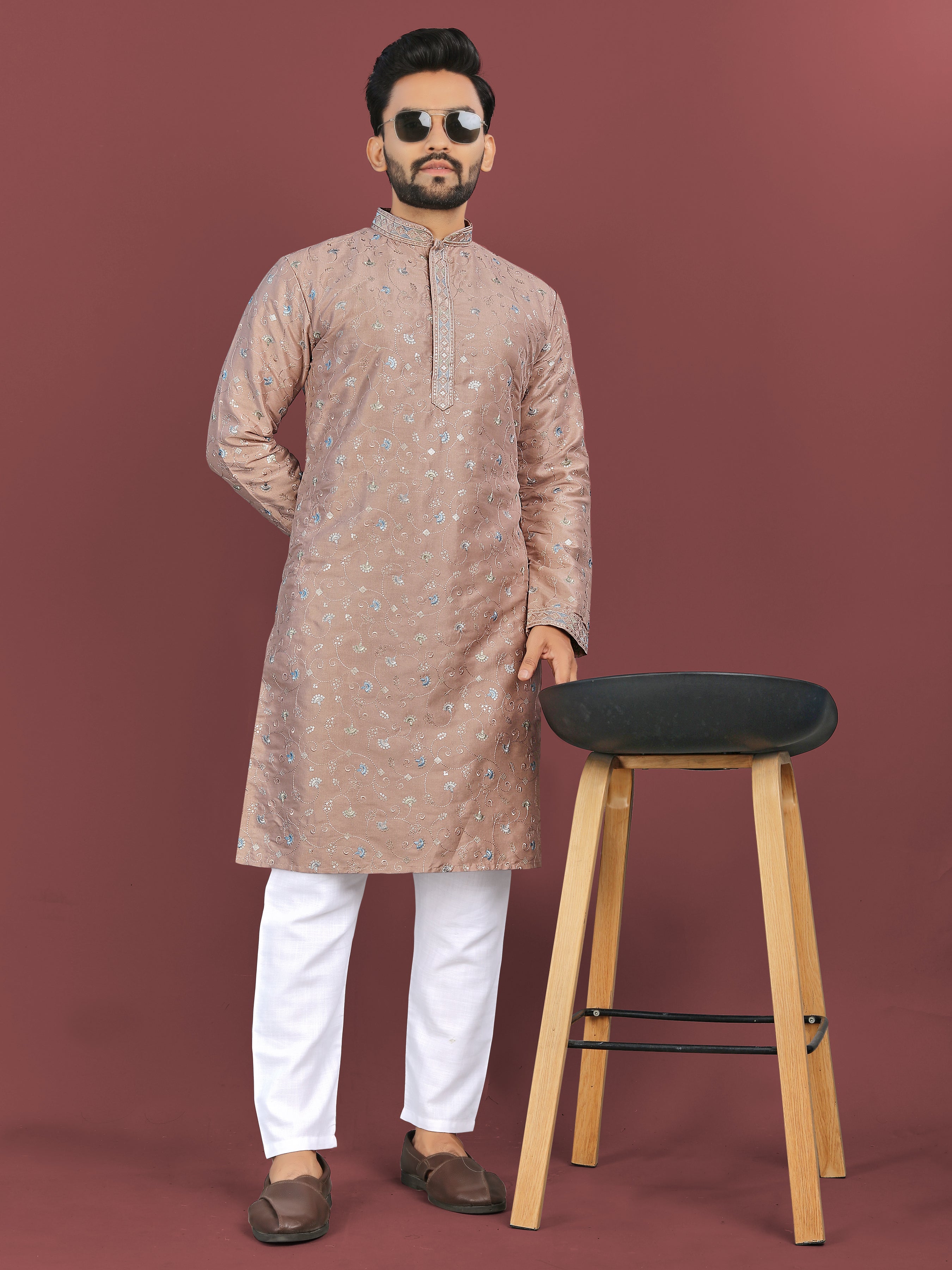 Men’s Multi-Colour Embroidery Beige Kurta