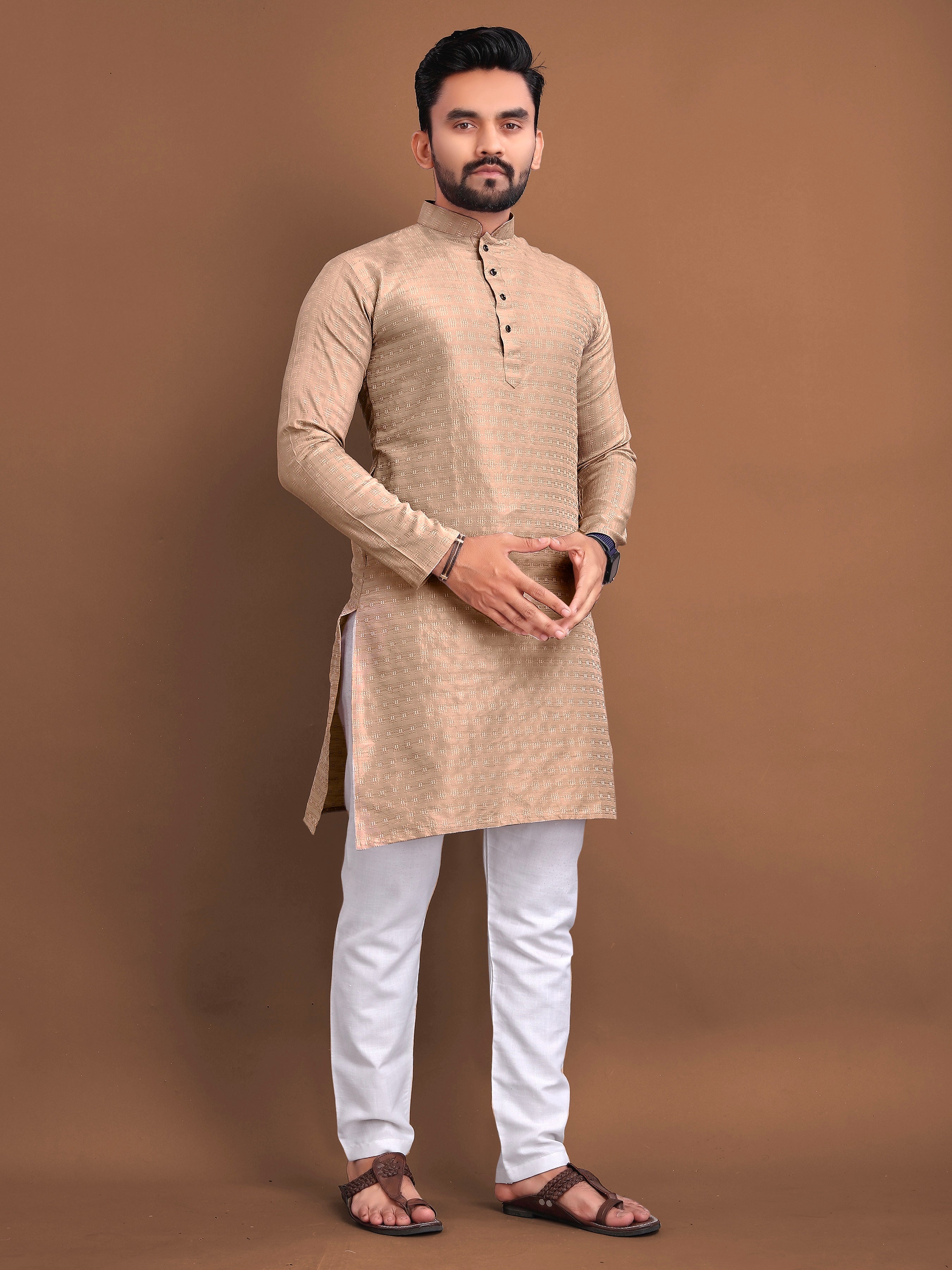 Men’s Jacquard Kurta with Self-Buti Biege Brown