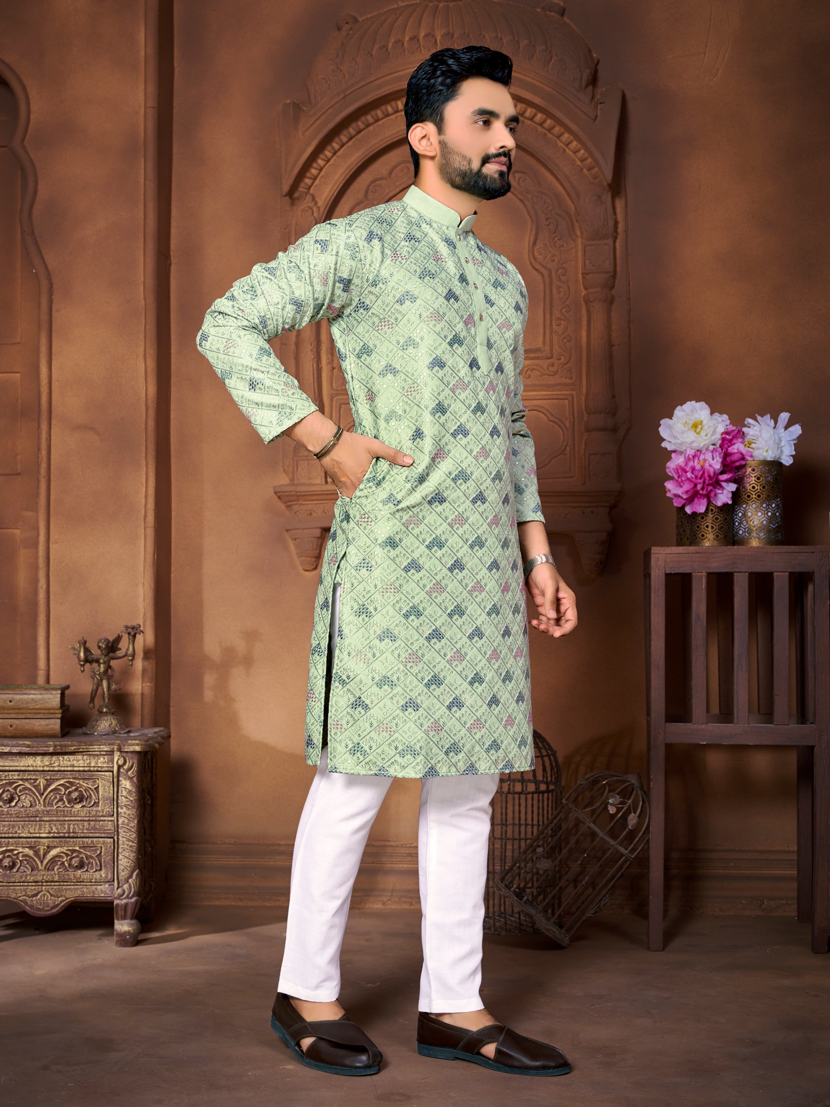 Men's Italian Silk  embroidered Kurta Mint Green