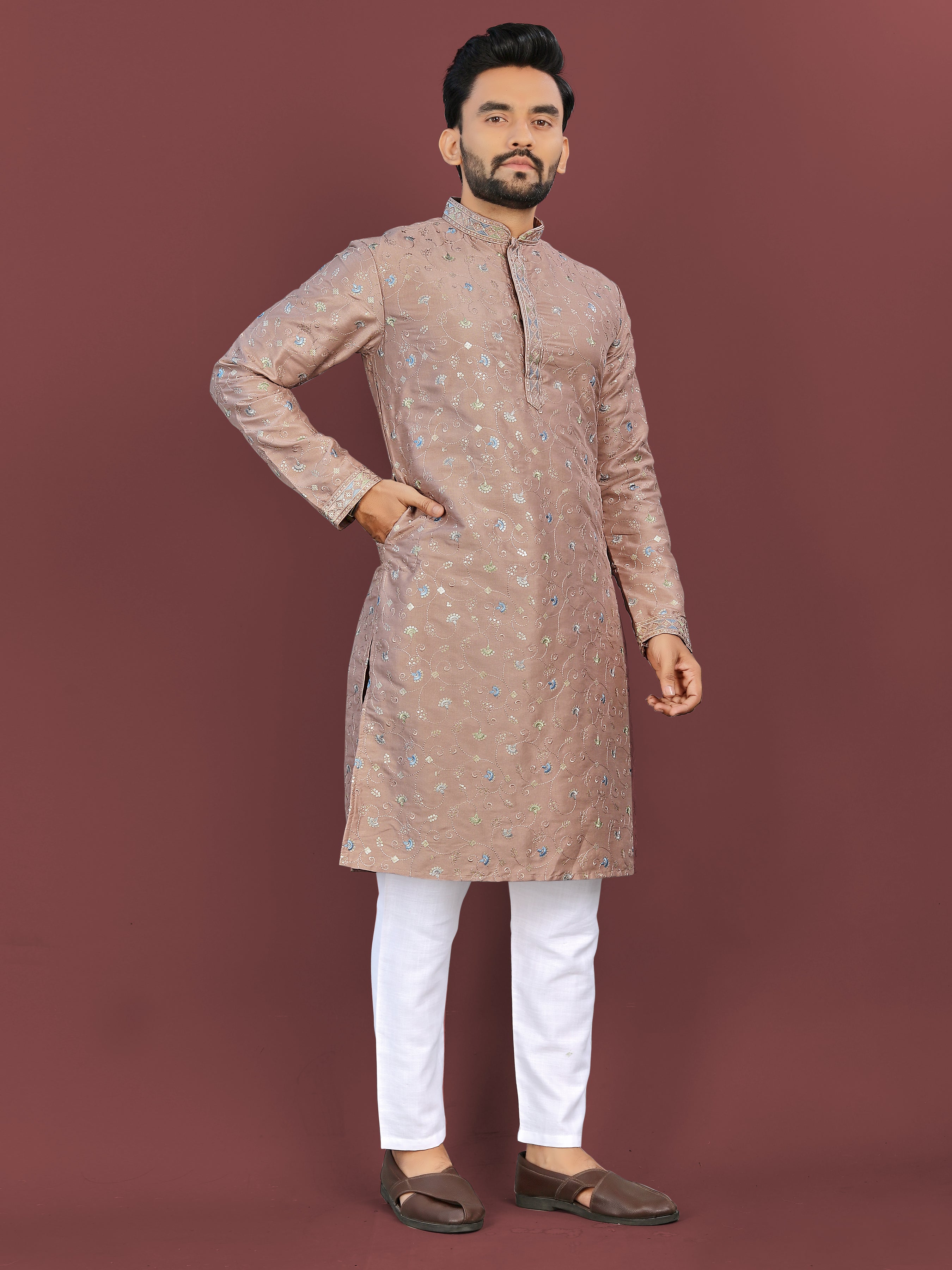Men’s Multi-Colour Embroidery Beige Kurta