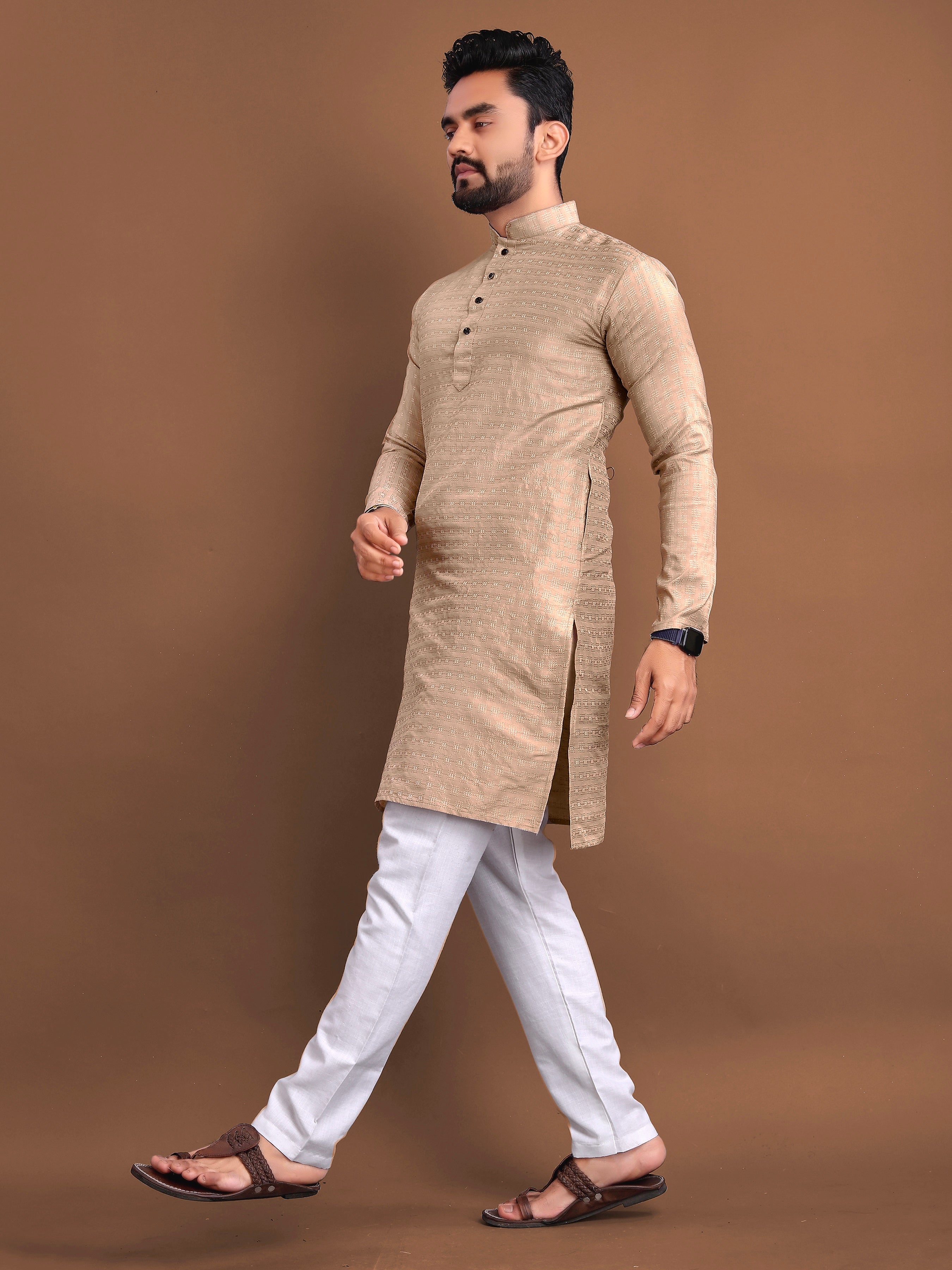 Men’s Jacquard Kurta with Self-Buti Biege Brown