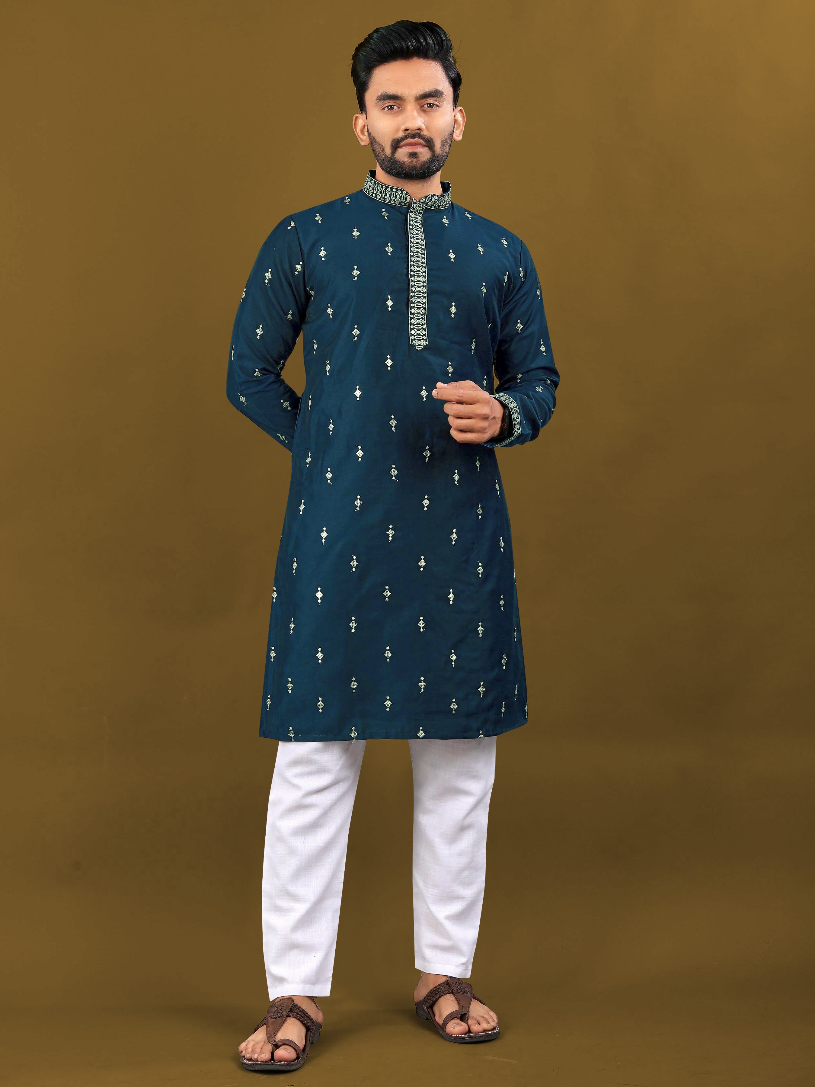 Men's Matka Silk Kurta Silver Jari Work Royal Blue