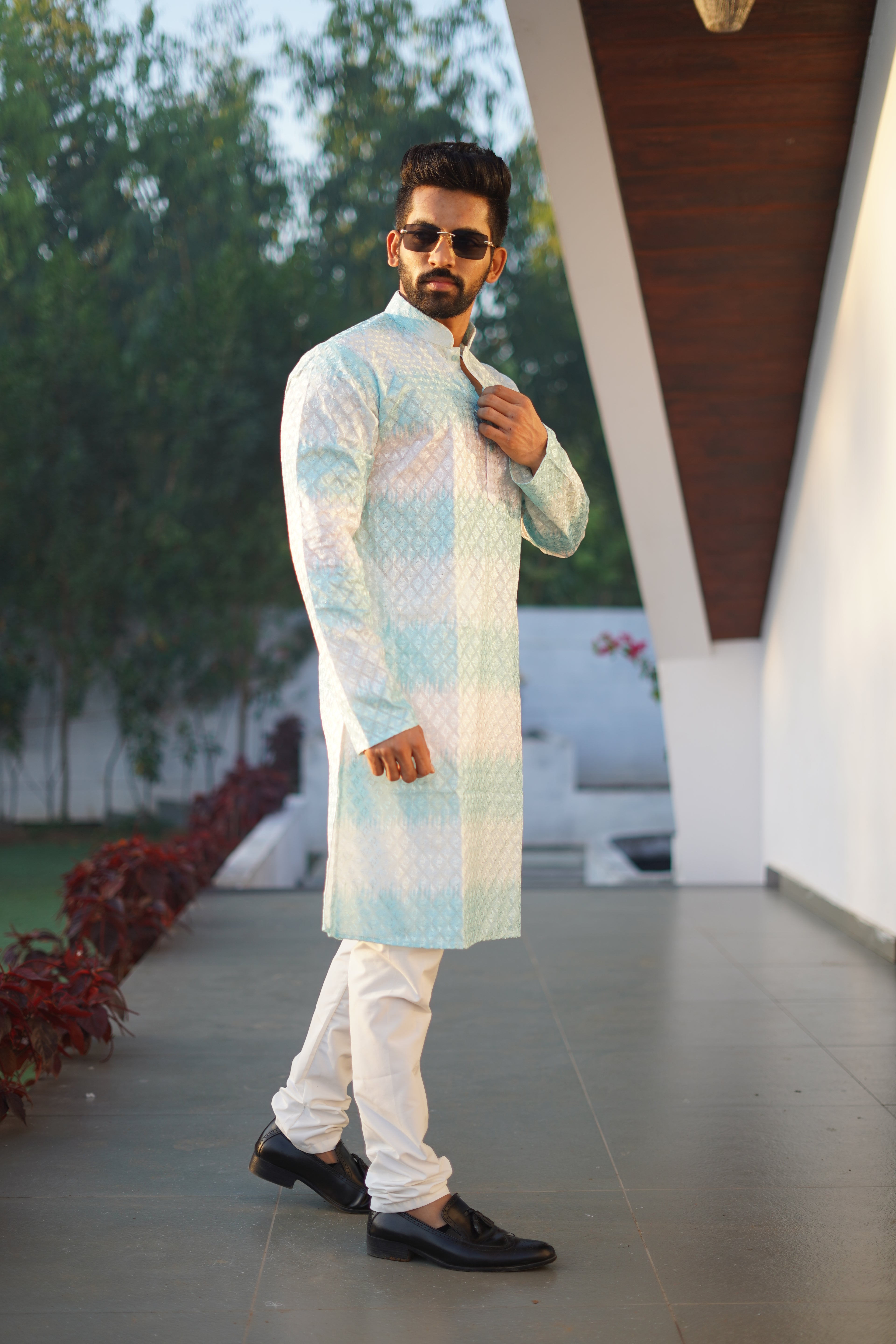 Men's Rainbow Print Cotton Kurta Sky Blue