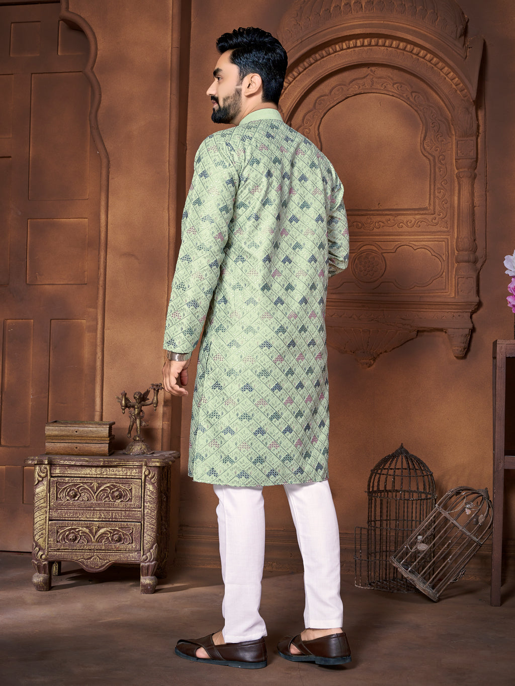 Men's Italian Silk  embroidered Kurta Mint Green