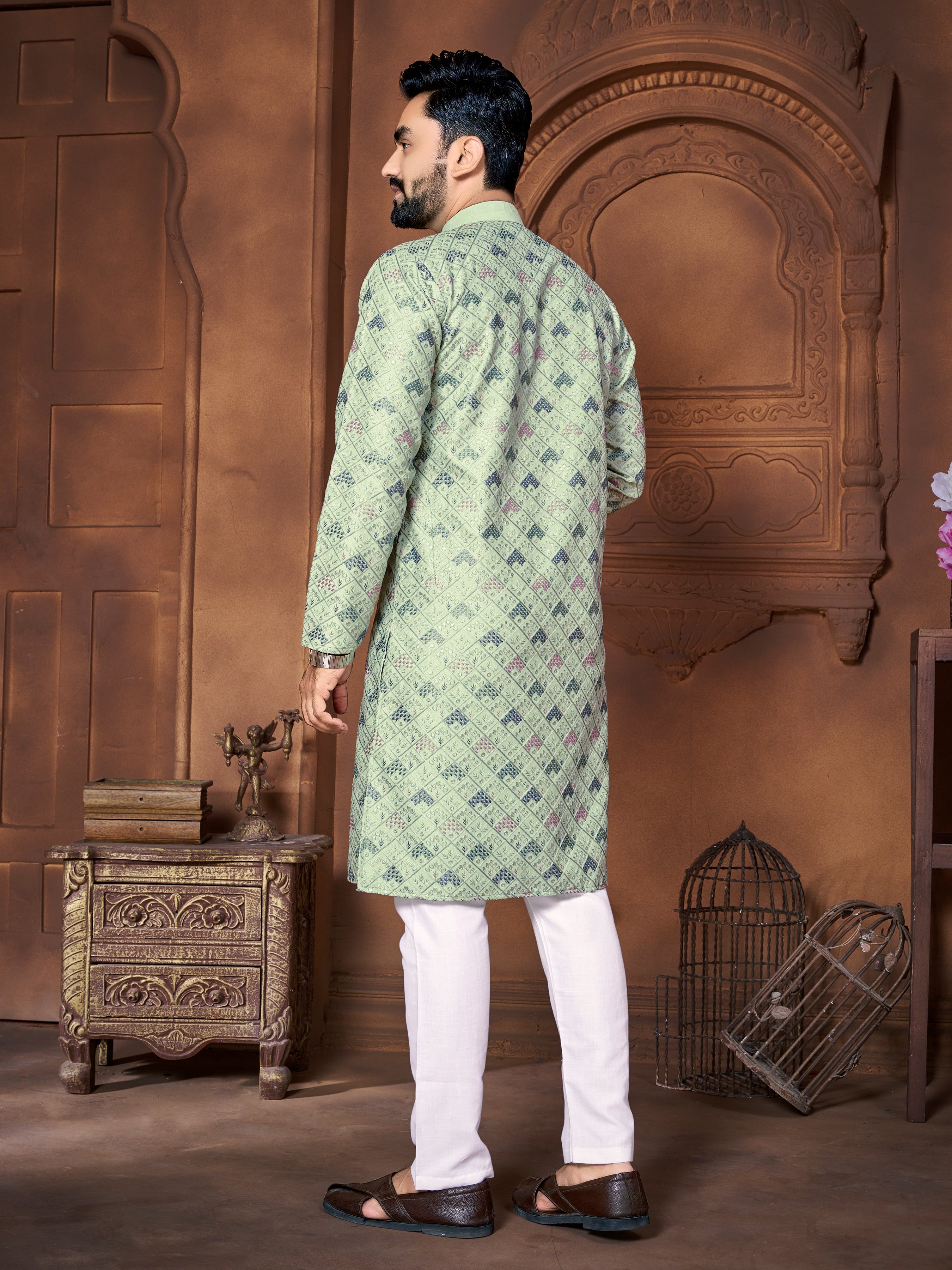Men's Italian Silk  embroidered Kurta Mint Green