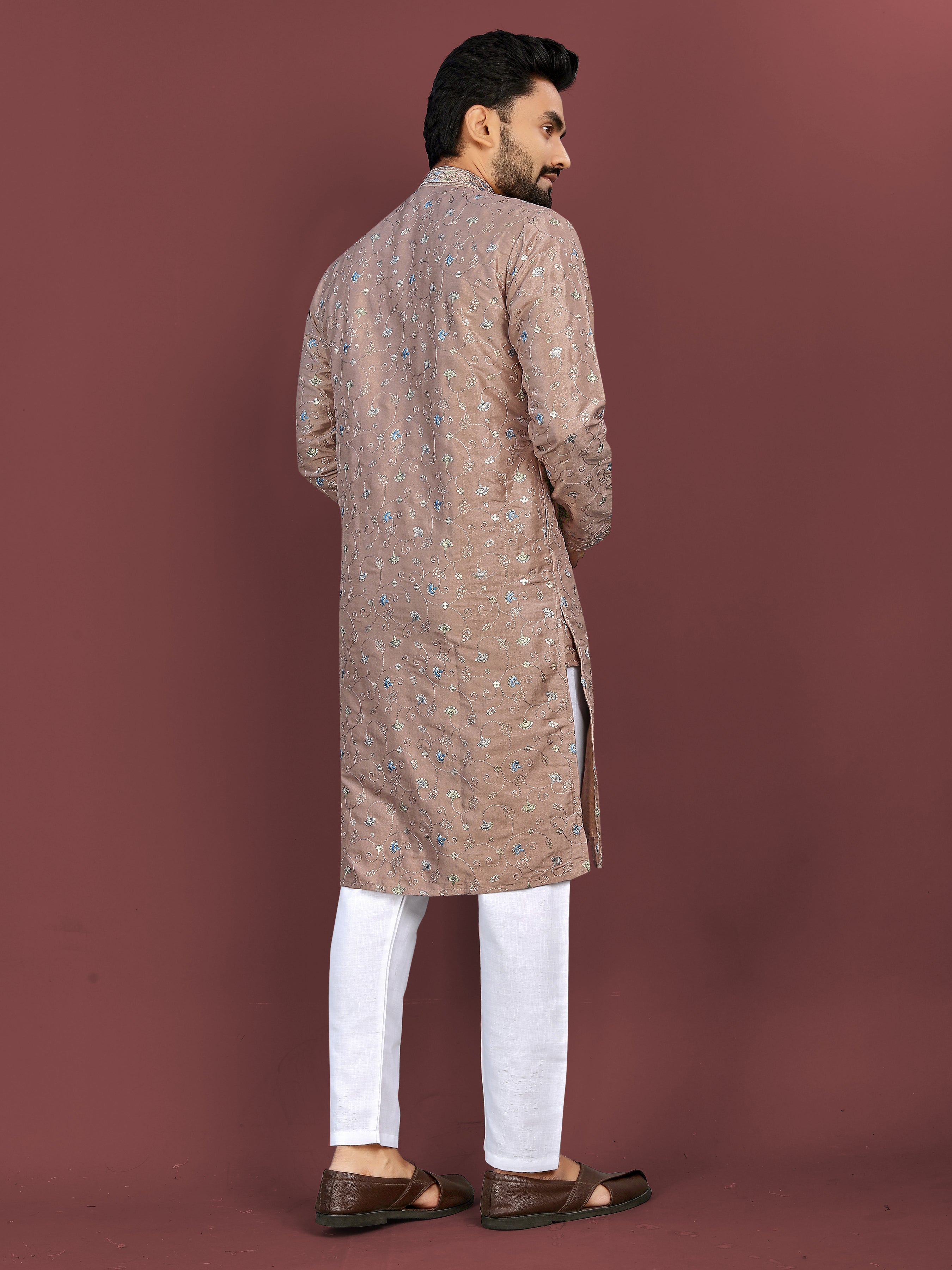 Men’s Multi-Colour Embroidery Beige Kurta