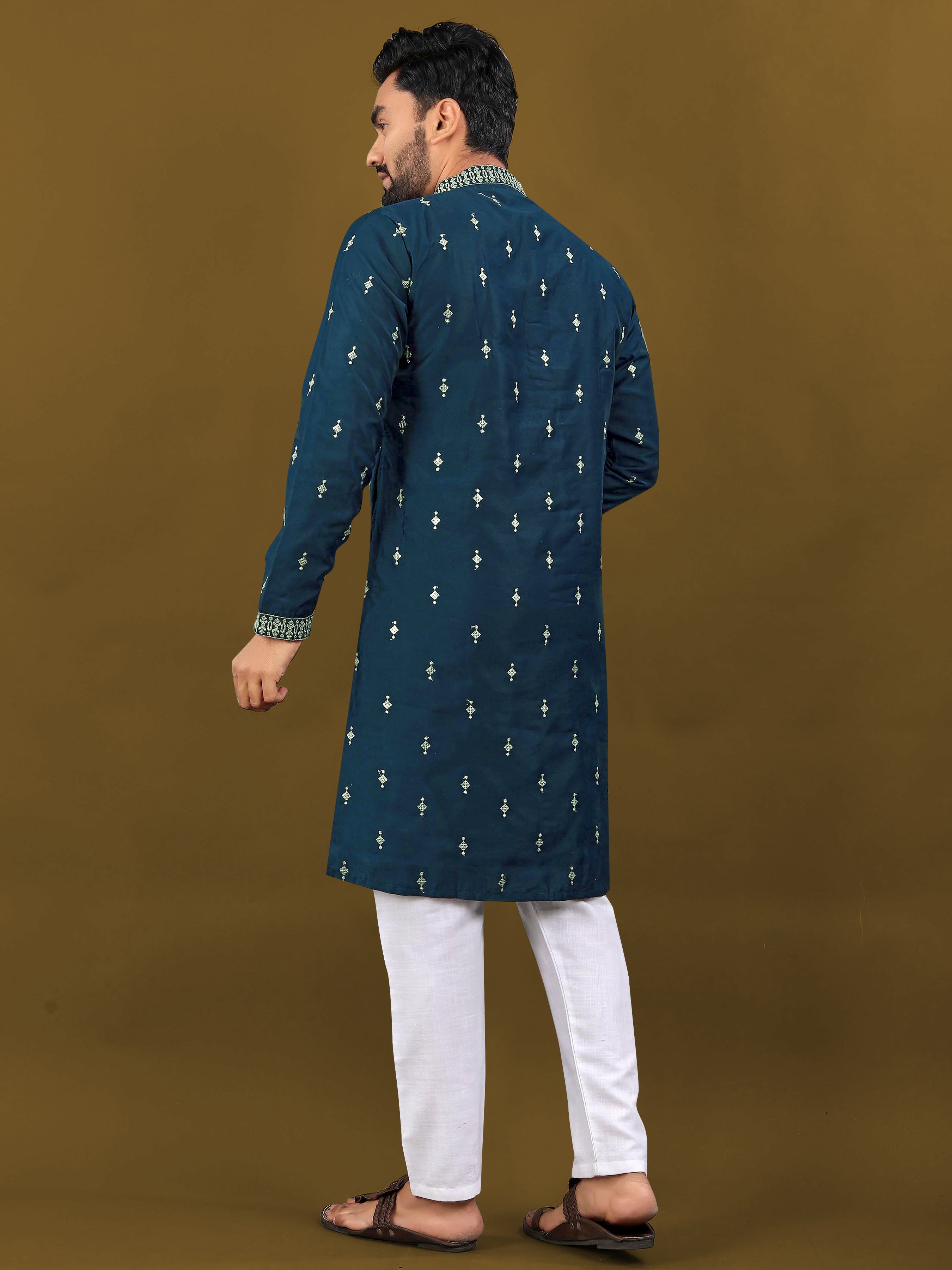 Men's Matka Silk Kurta Silver Jari Work Royal Blue
