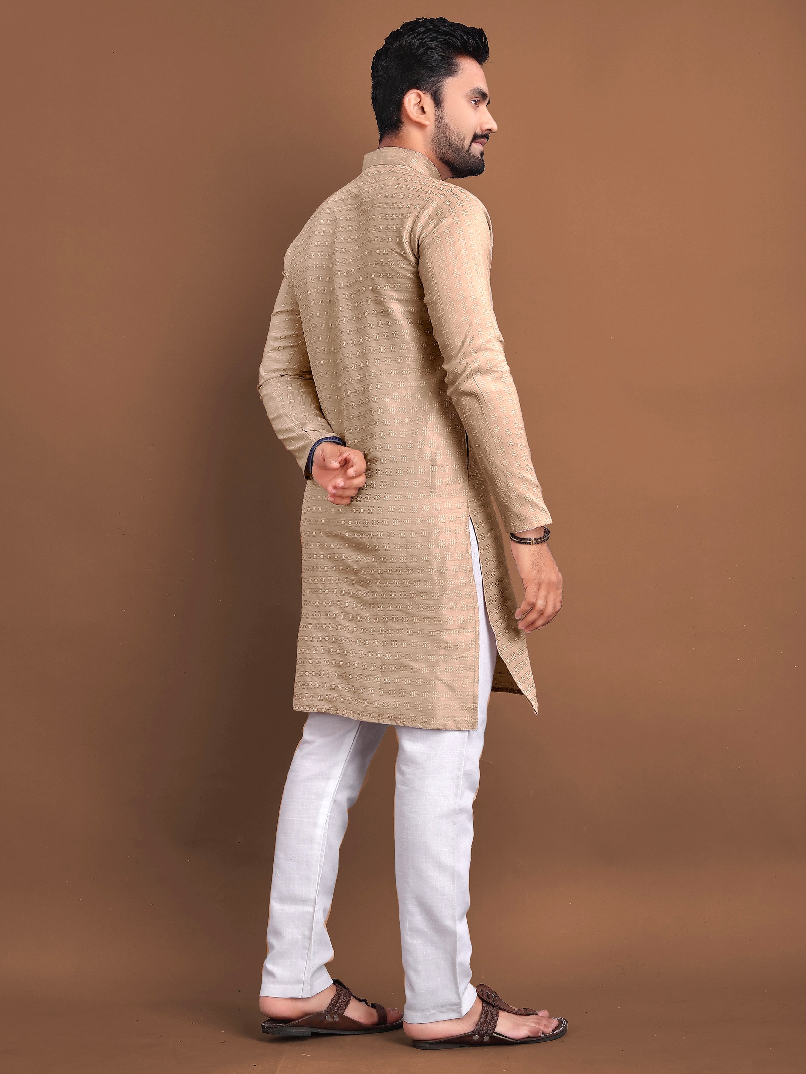 Men’s Jacquard Kurta with Self-Buti Biege Brown
