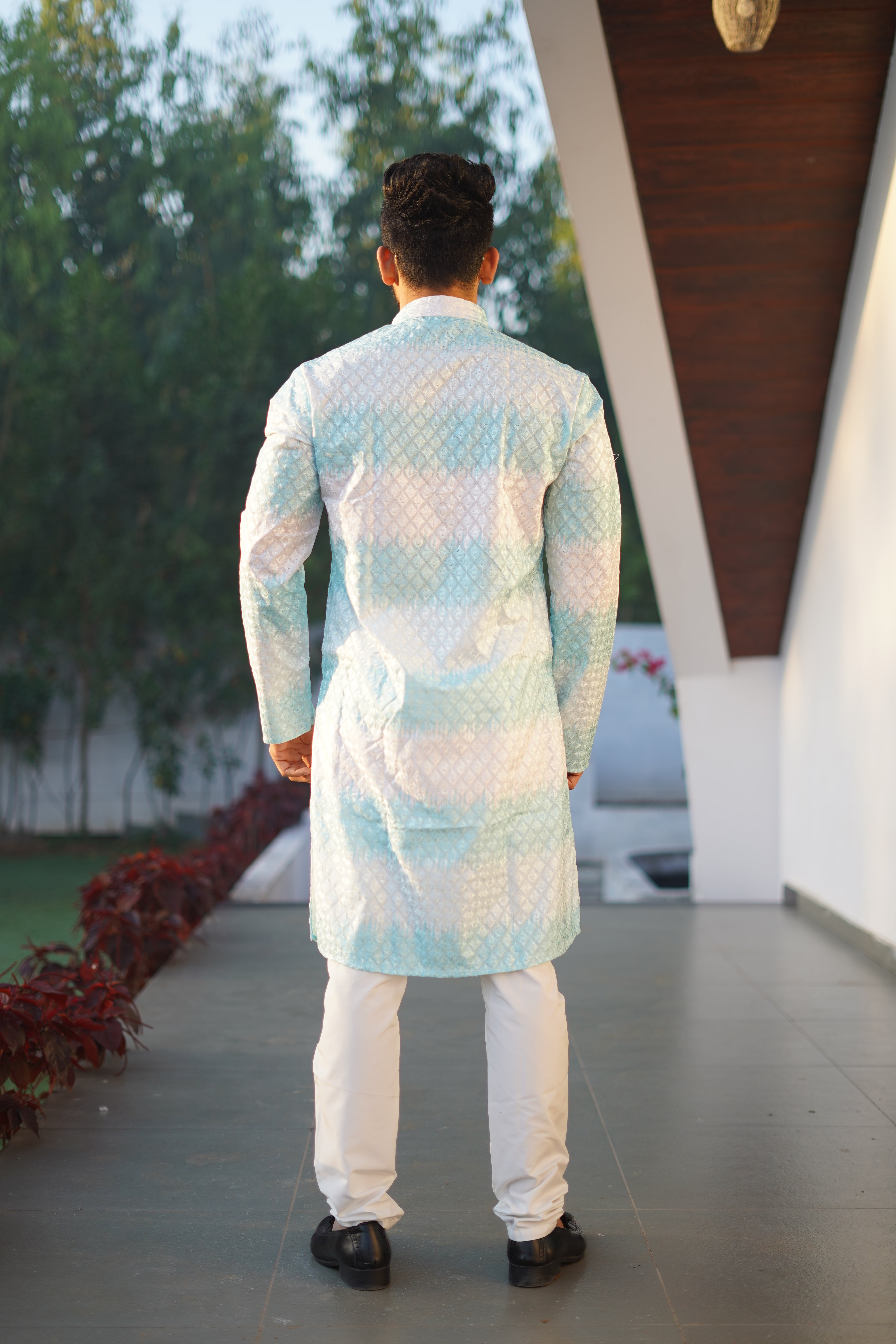 Men's Rainbow Print Cotton Kurta Sky Blue