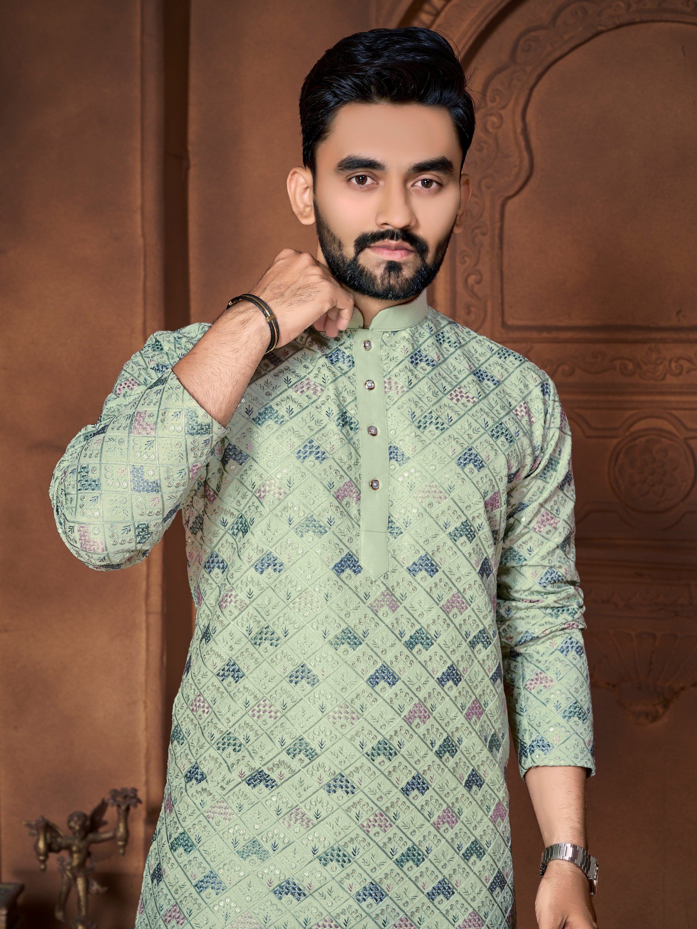 Men's Italian Silk  embroidered Kurta Mint Green