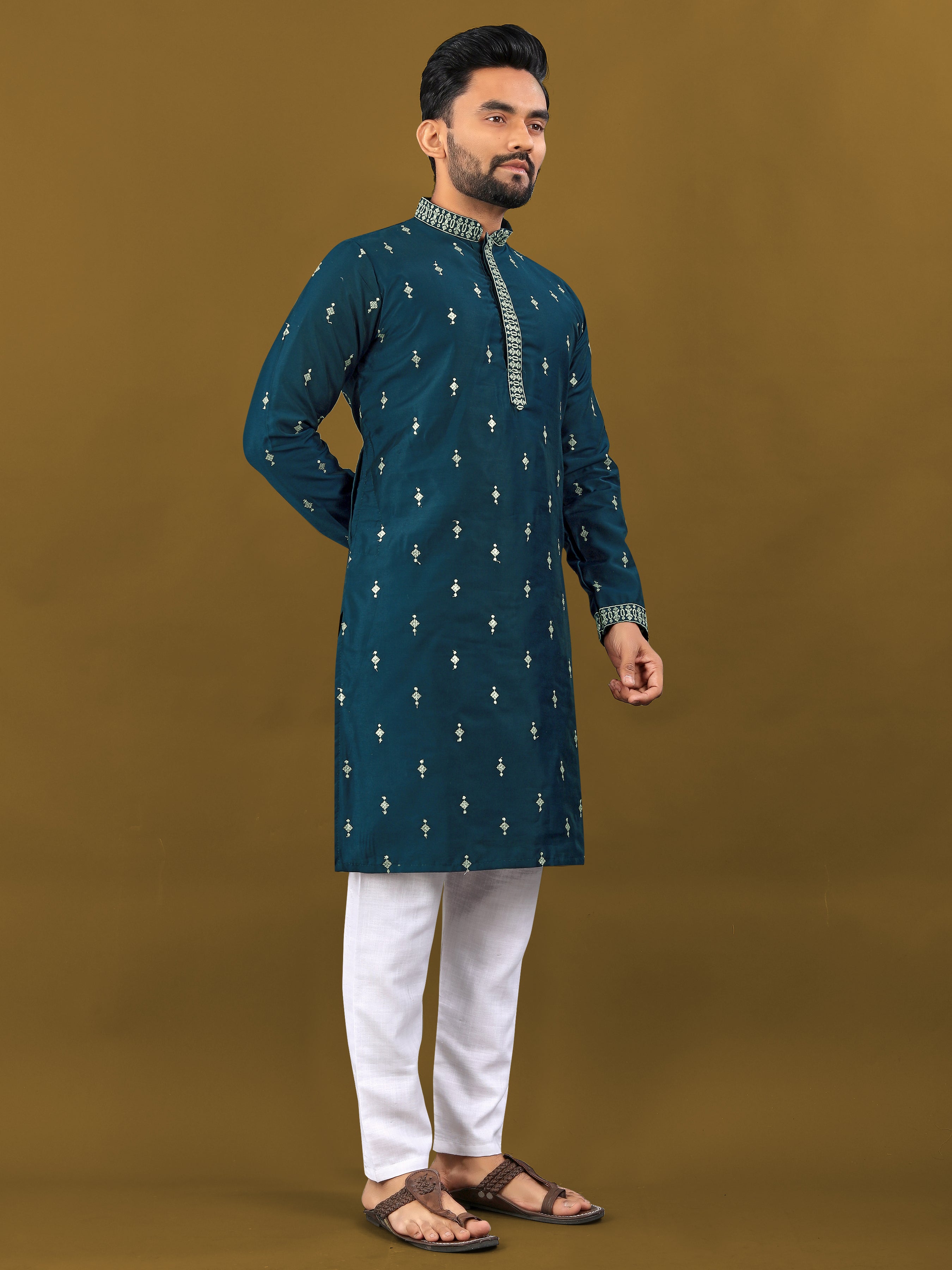 Men's Matka Silk Kurta Silver Jari Work Royal Blue