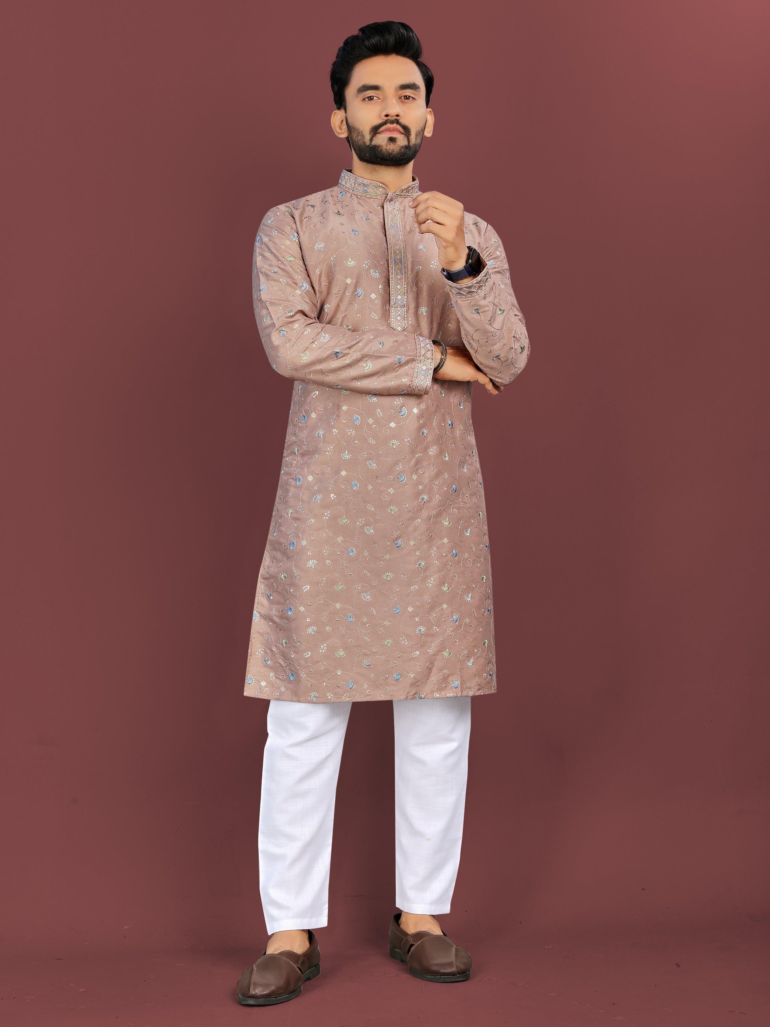Men’s Multi-Colour Embroidery Beige Kurta