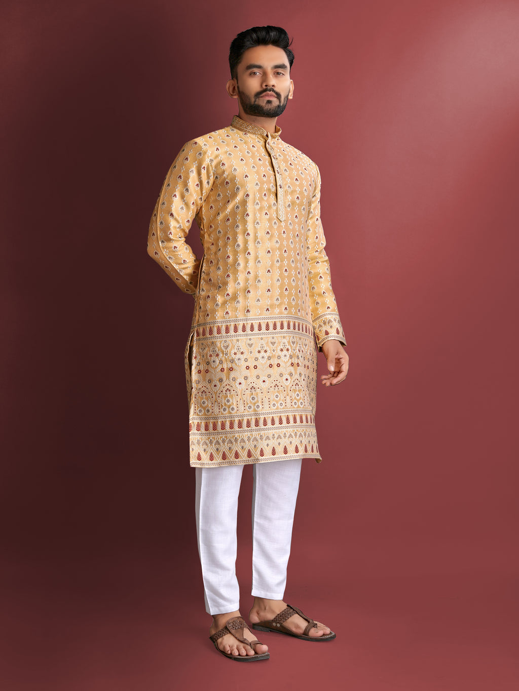 Men’s Silk Kurta with Amboj Work & Daman Border Mustard