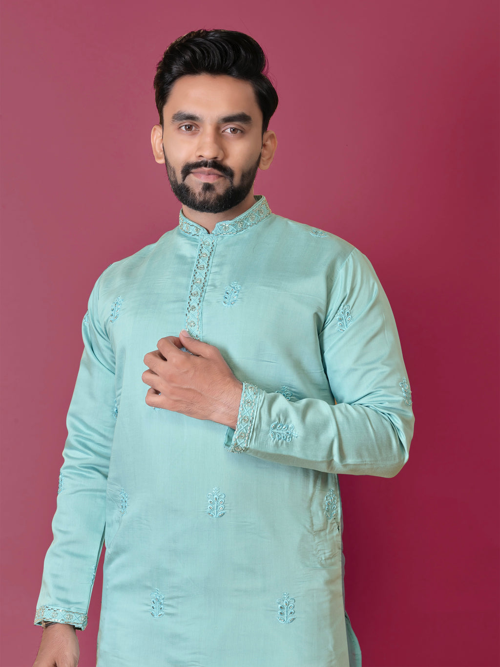 Men's Roman Silk Kurta With Hand Work Sky