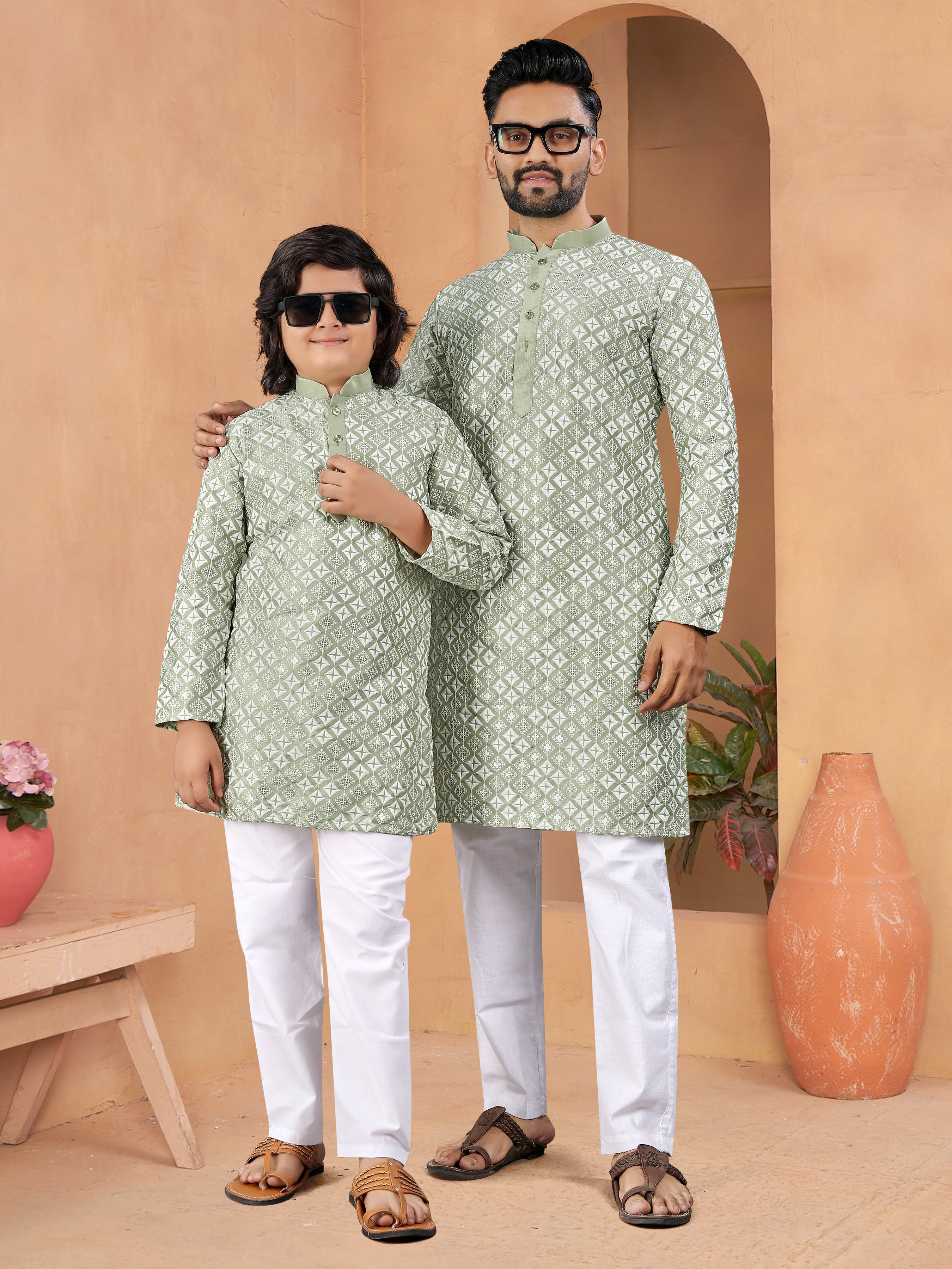 Father-Son Silk Kurta Set with Embroidery Pista