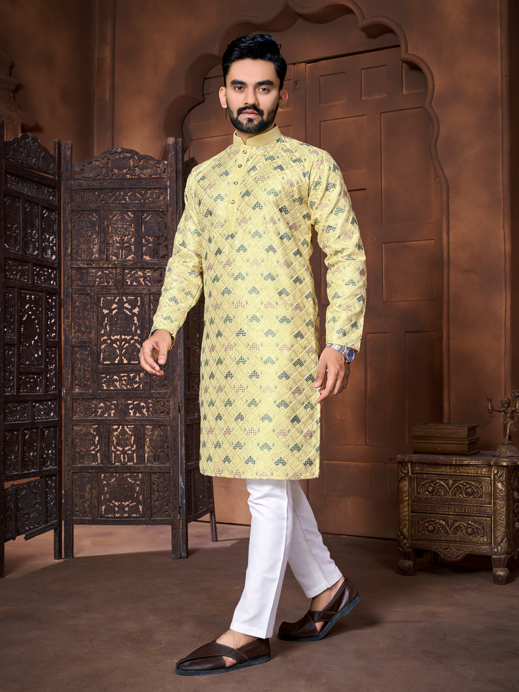 Men's Italian Silk  embroidered Kurta Golden