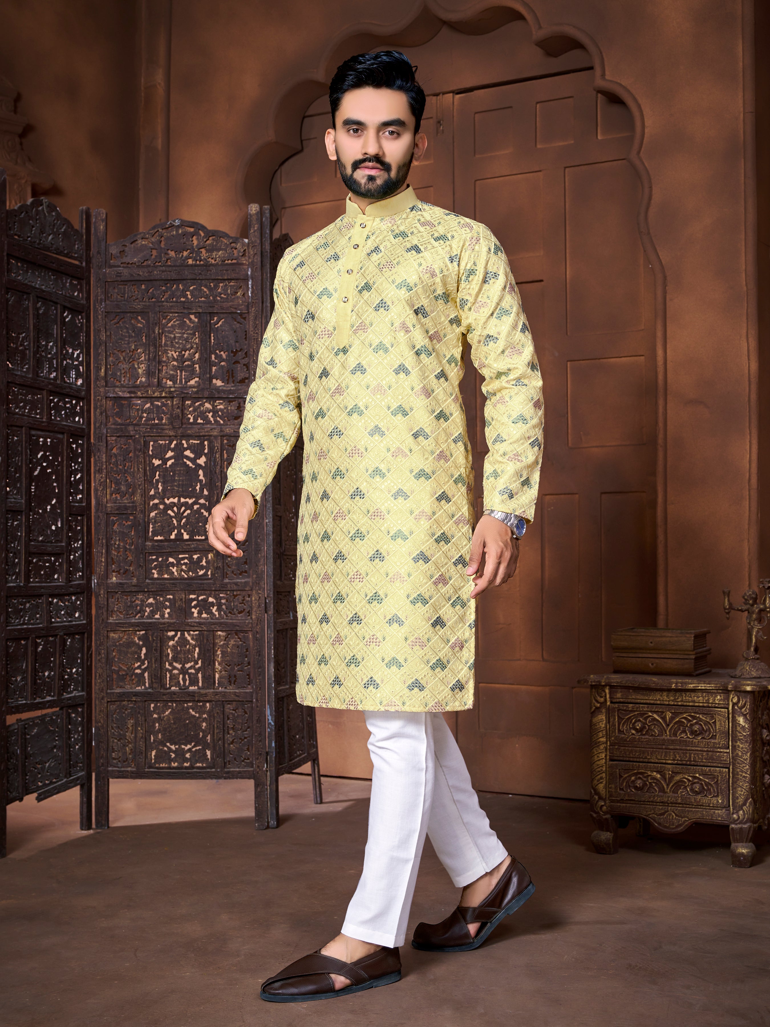 Men's Italian Silk  embroidered Kurta Golden