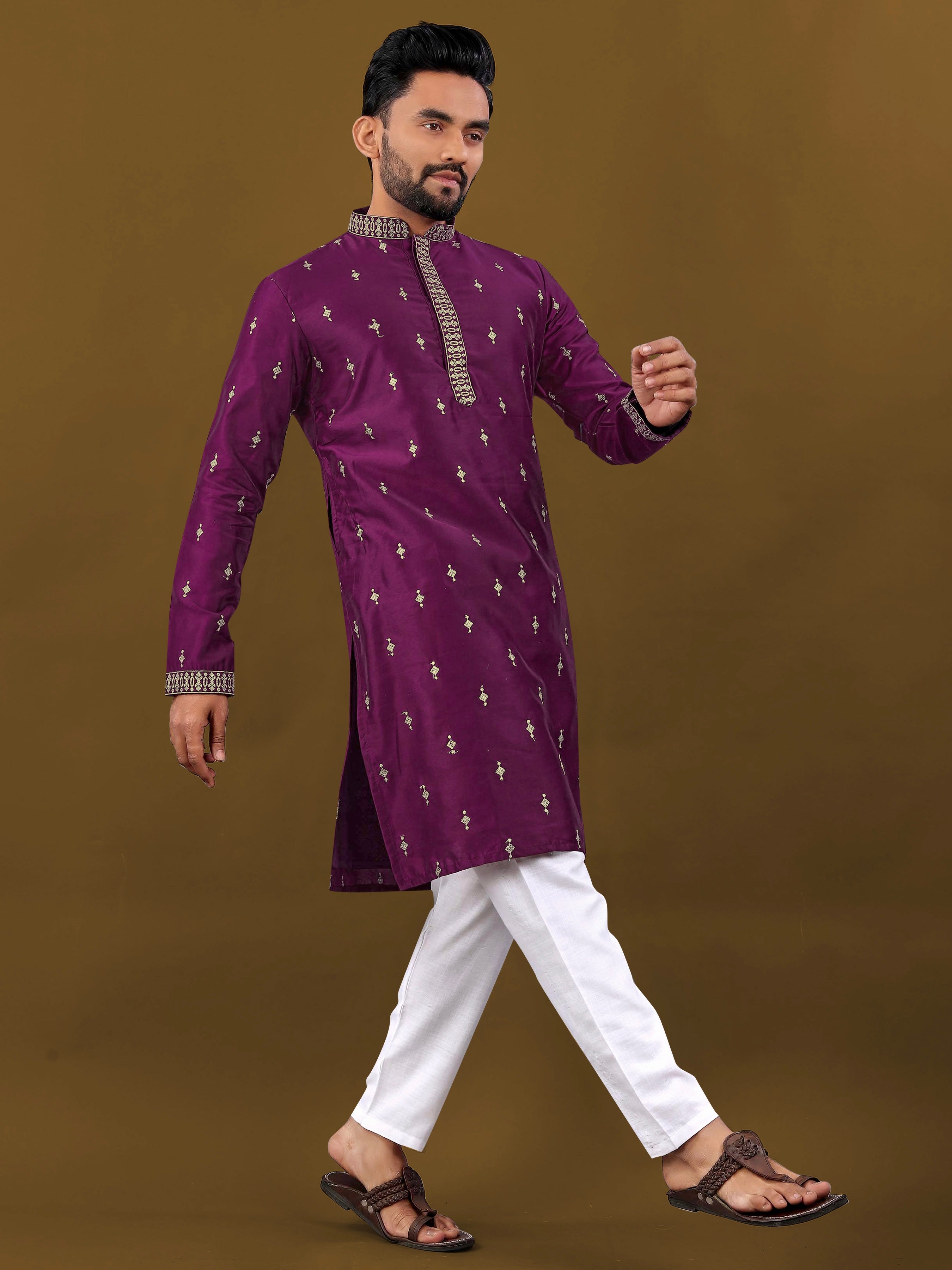 Men's Matka Silk Kurta Silver Jari Work Wine